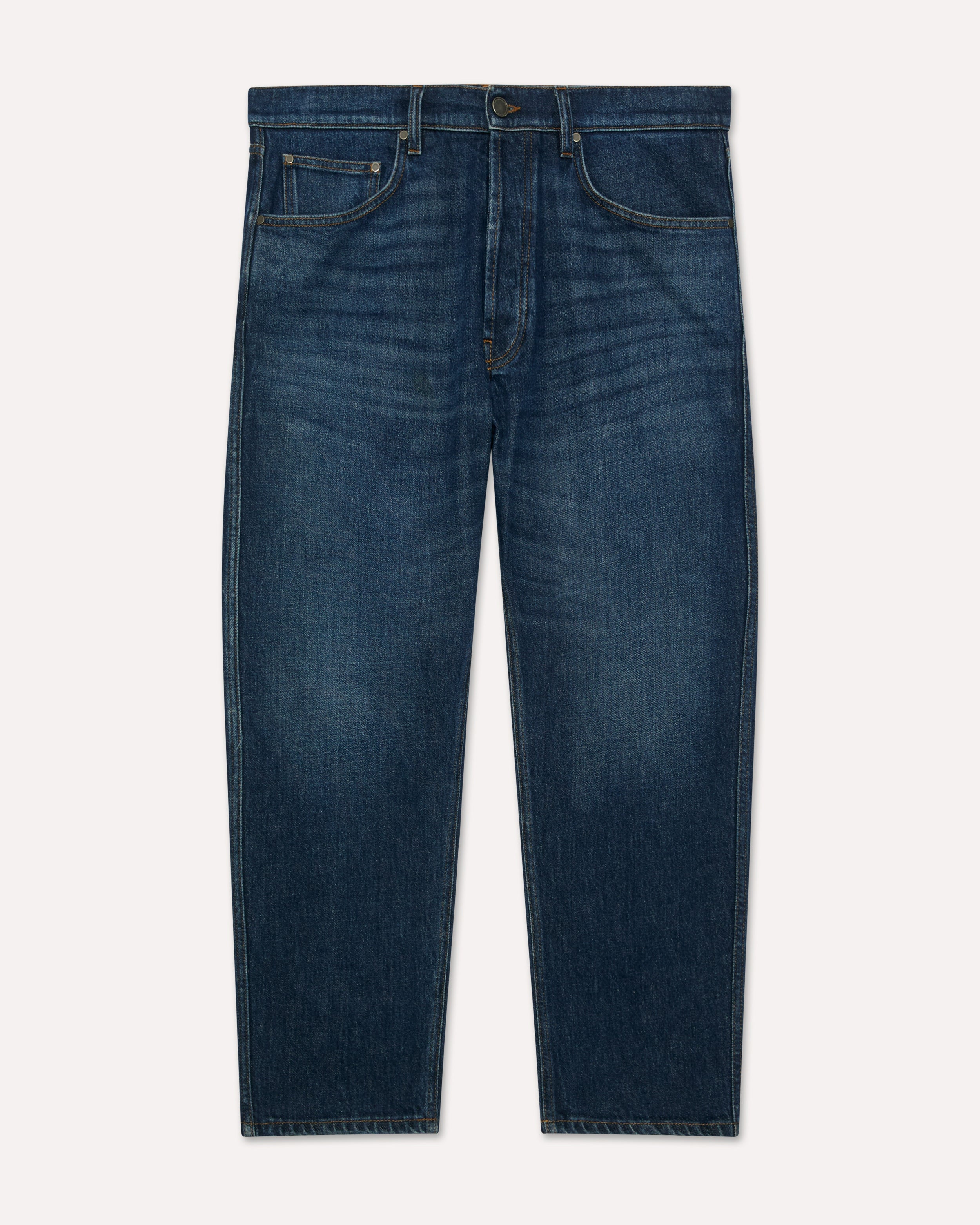 Dark blue denim jeans with clean hem, white, man | Lardini