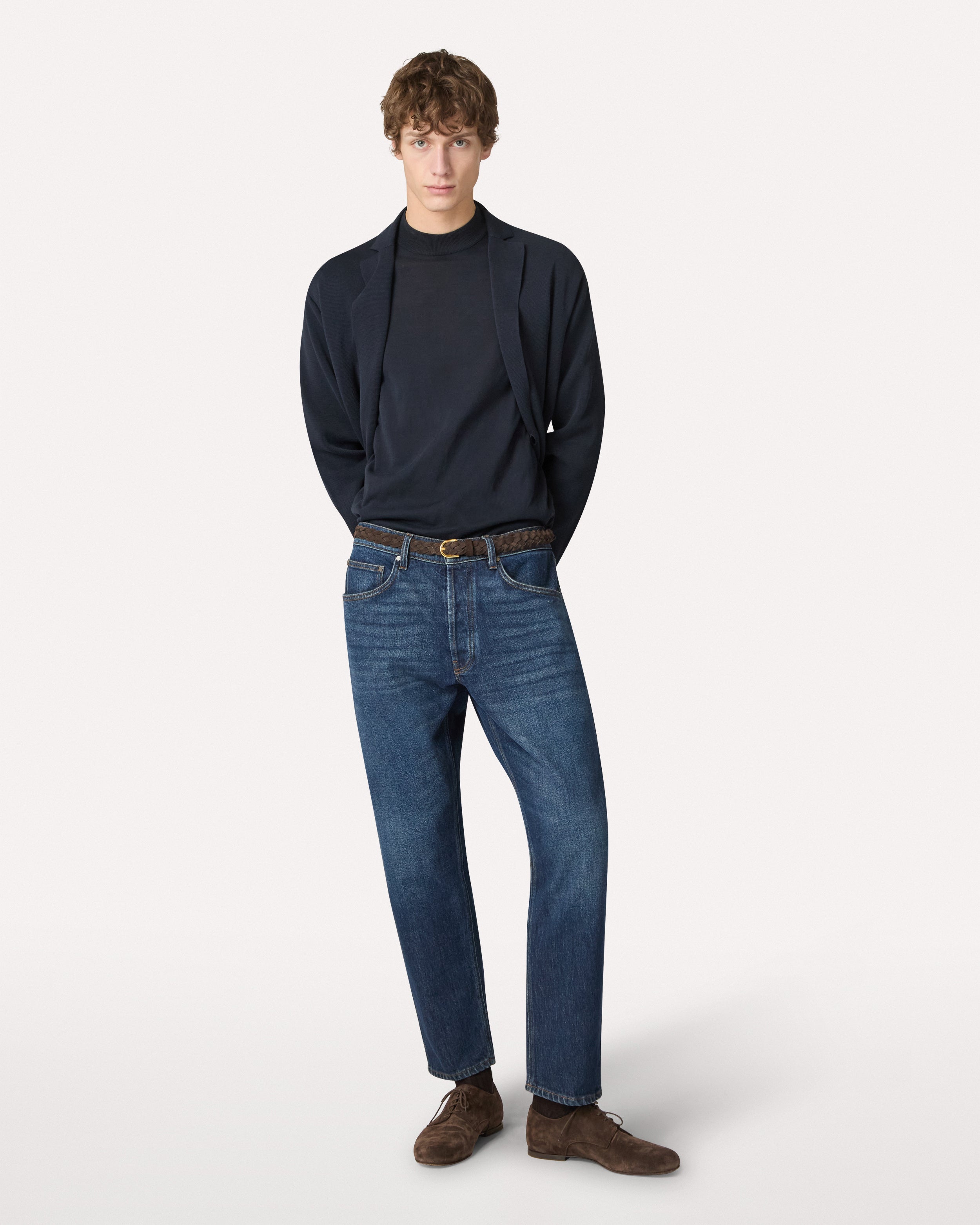 Dark blue denim jeans with clean hem, white, man | Lardini