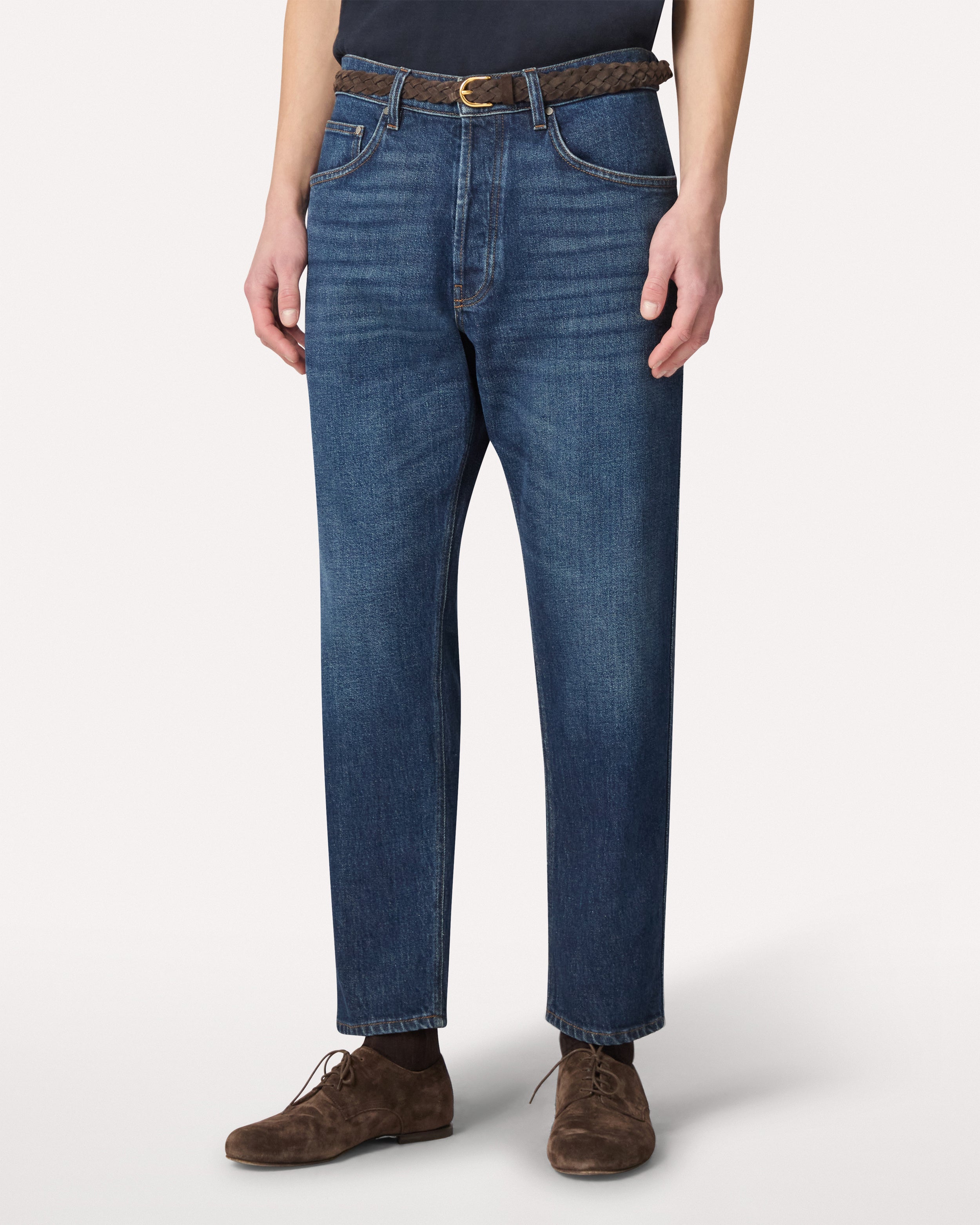 Dark blue denim jeans with clean hem, white, man | Lardini