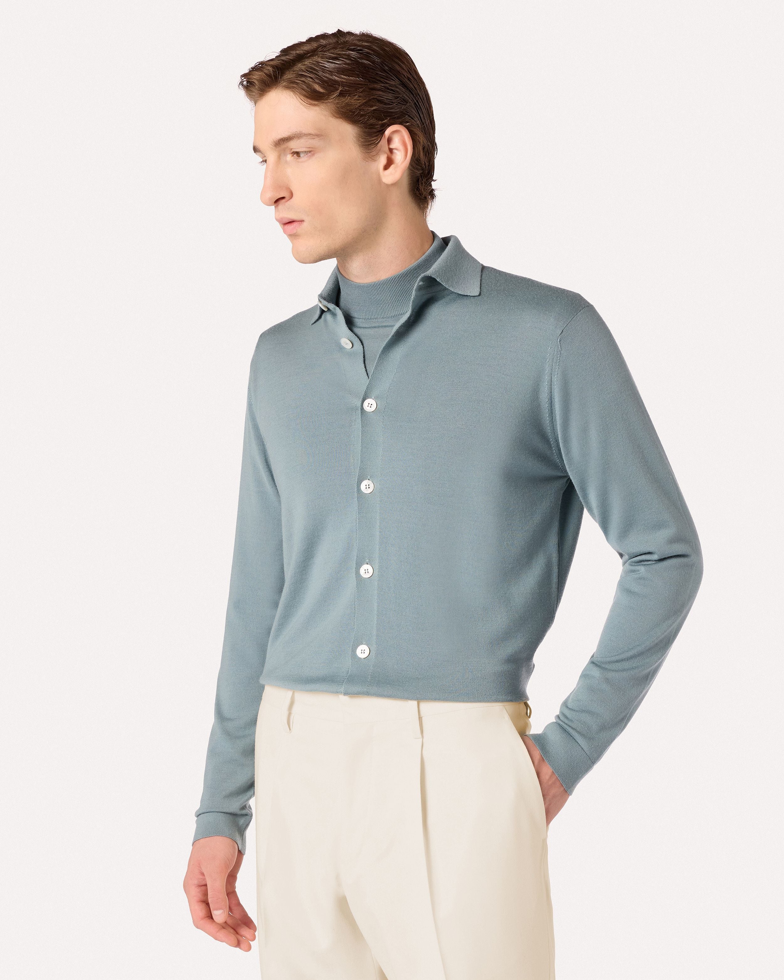 Camicia in maglia azzurro polvere di lana merino WATER GREEN Lardini 4