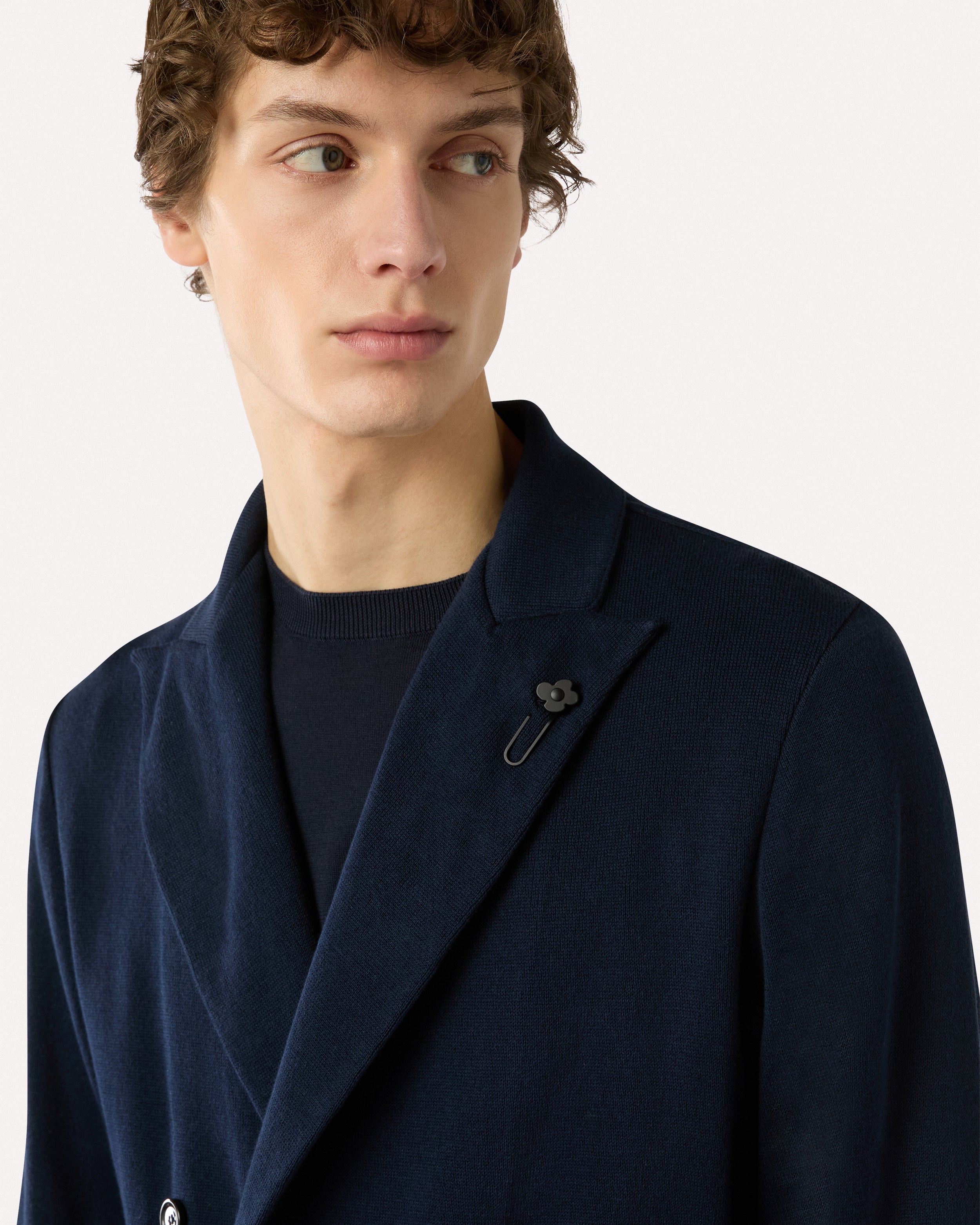 Blue double-breasted knit jacket, white, man | Lardini
