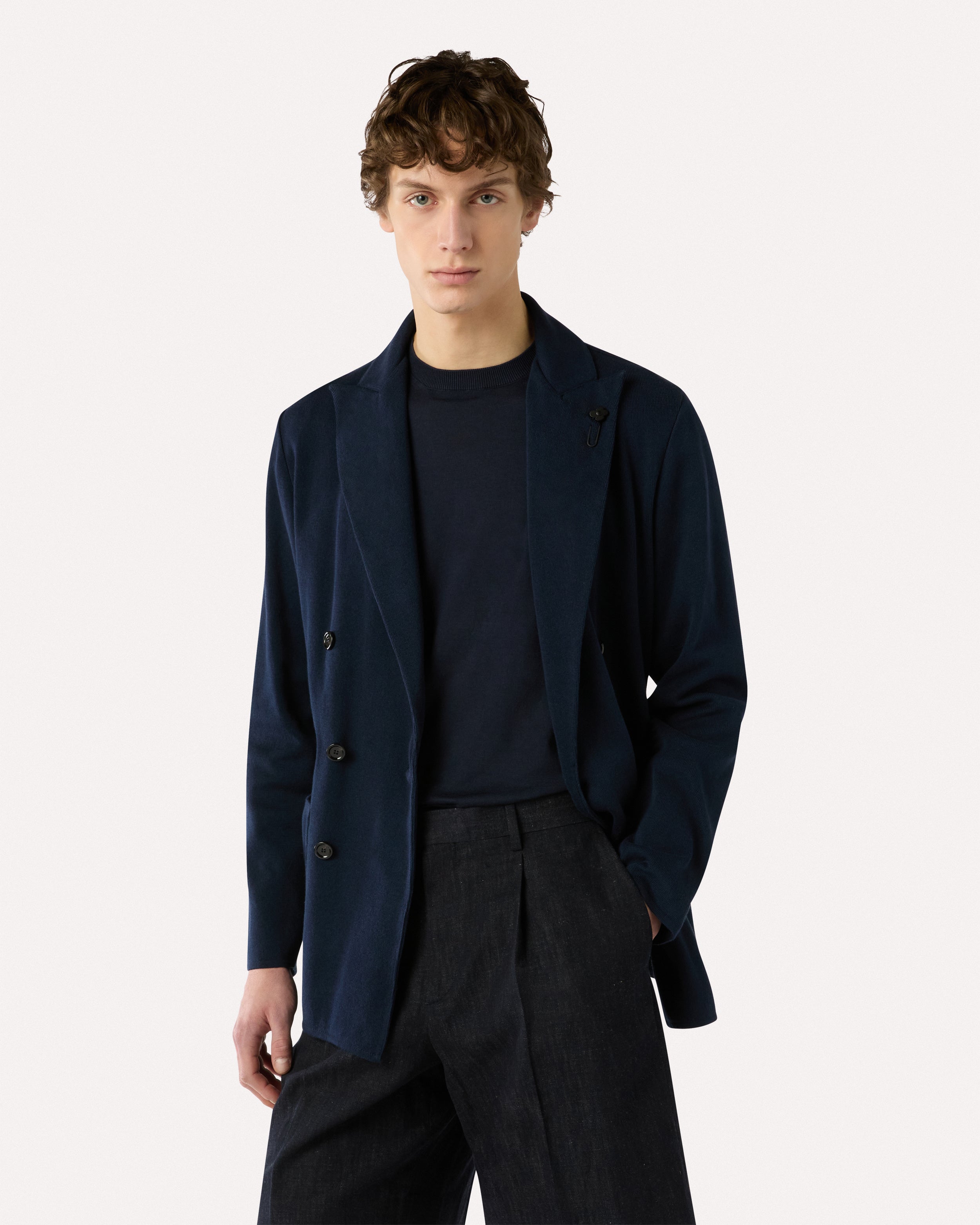 mi yu LARDINI ネイビーsummer jacket 44 Blue double-breasted knit jacket, white, man | Lardini