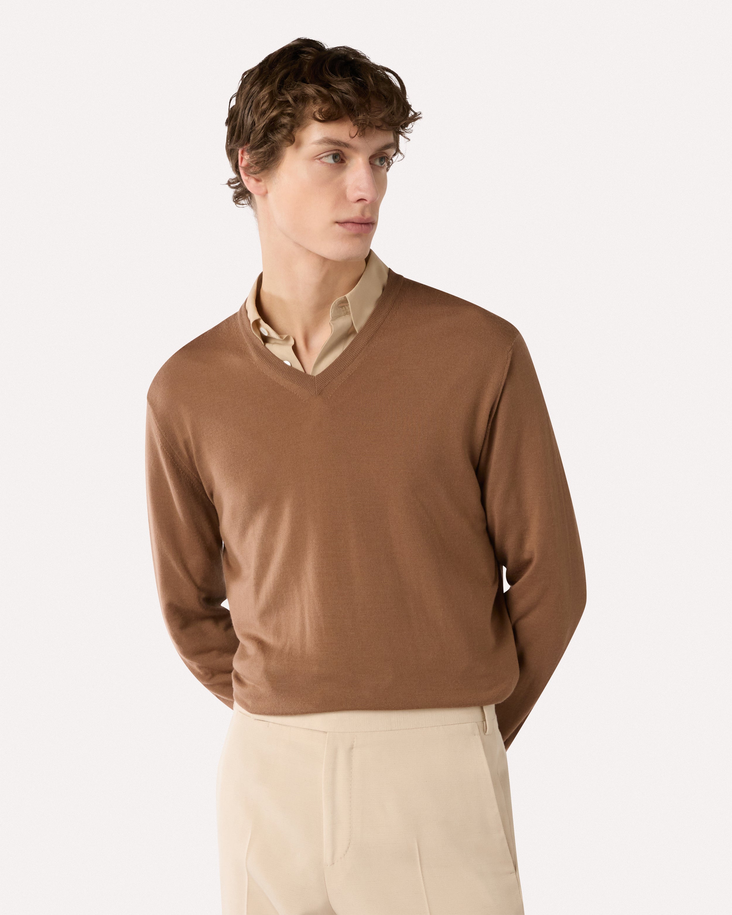 Brown V-neck sweater, white, man | Lardini