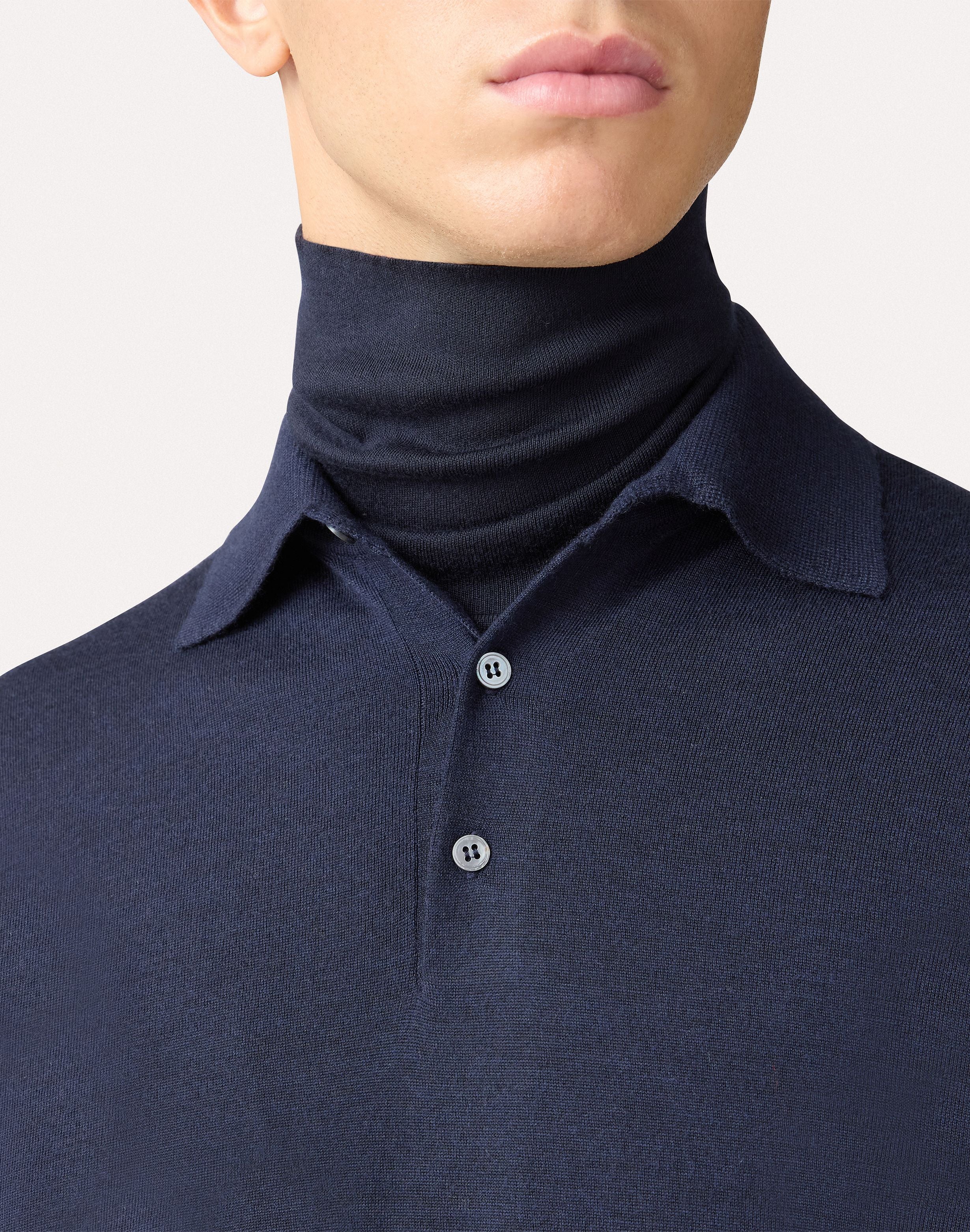 Blue long-sleeve polo shirt with buttons in wool, silk, and cashmere BLUE Lardini 3