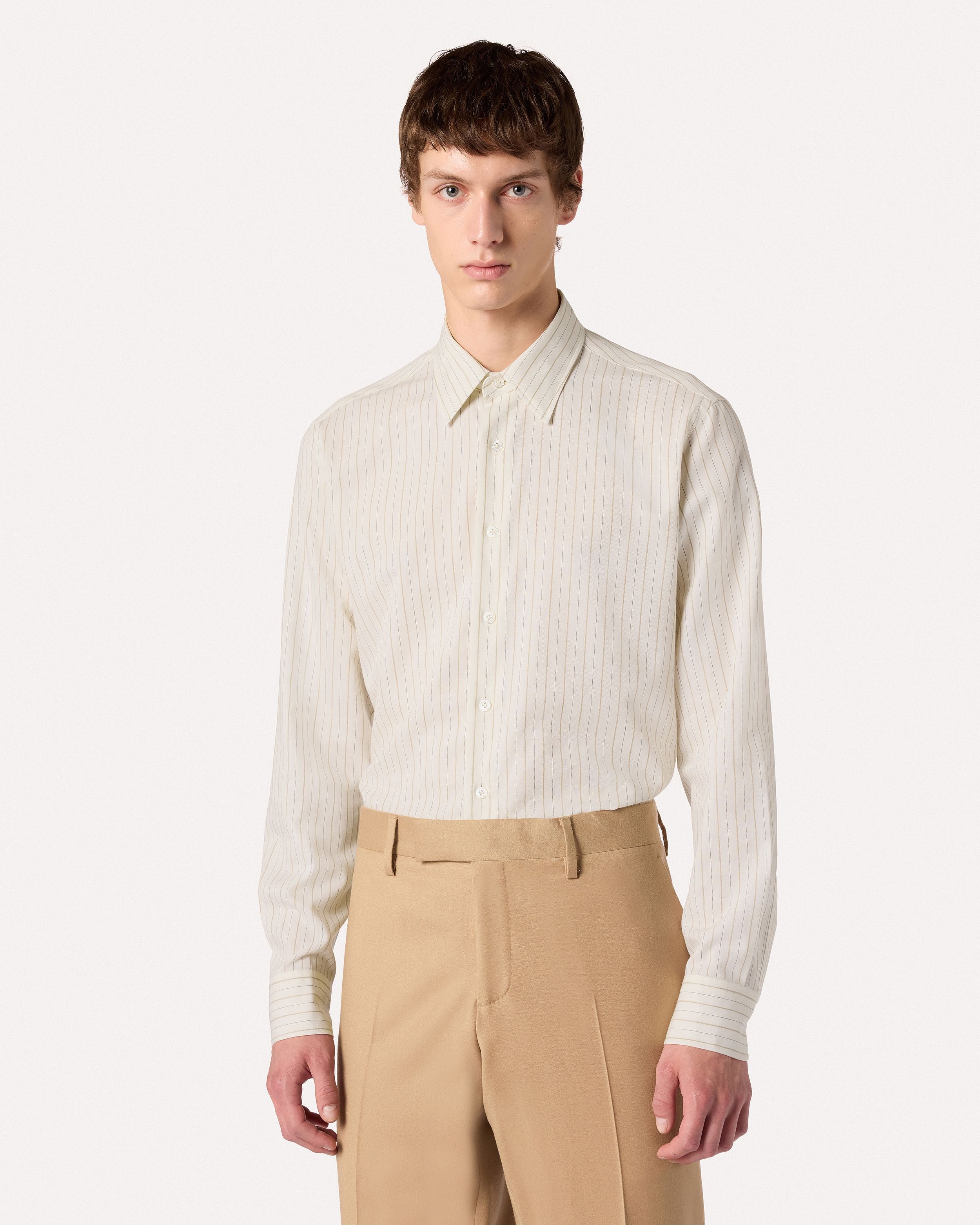Camicia a righe panna e beige in cotone misto lana CREAM/BEIGE Lardini 4