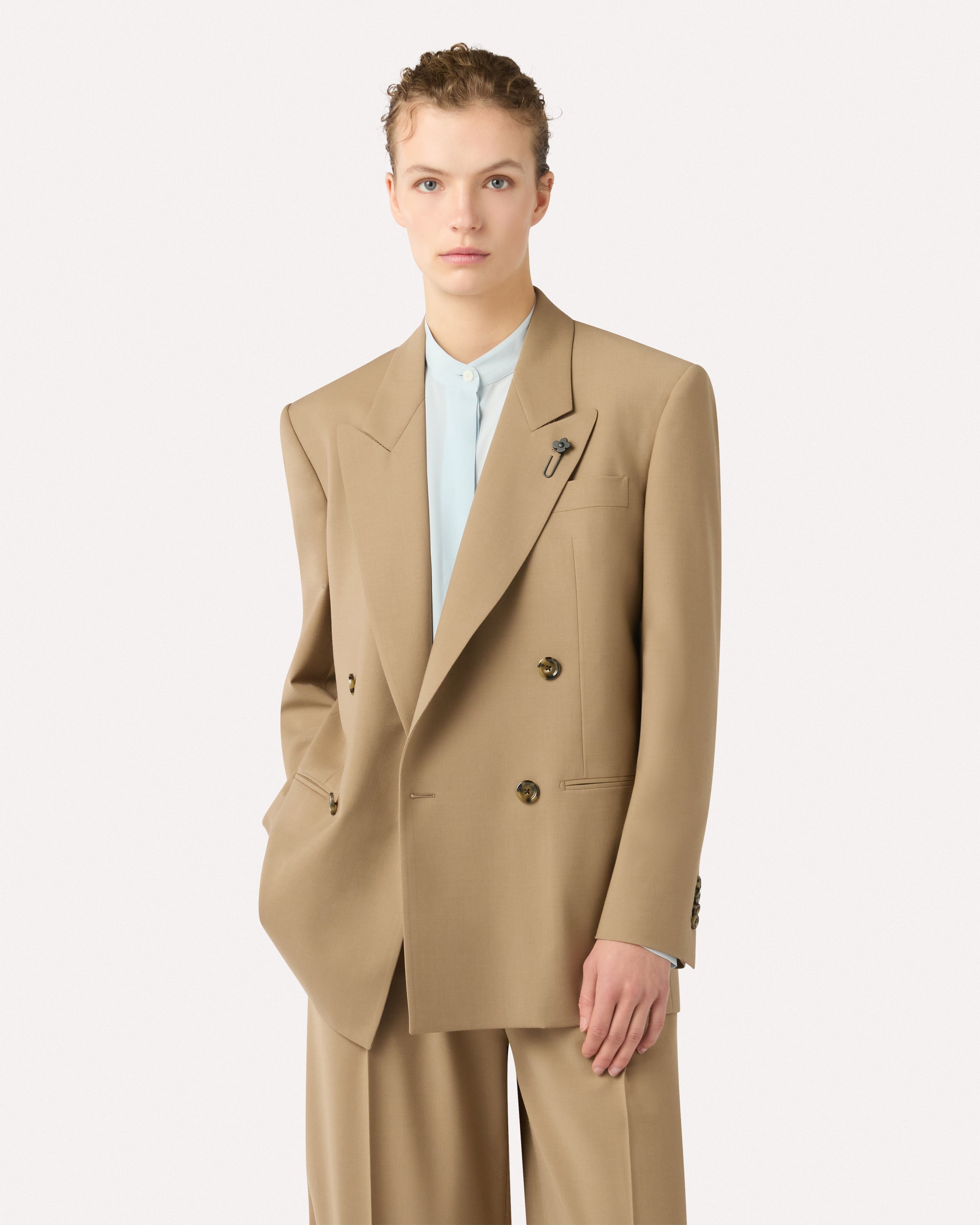 Beige double-breasted blazer, white, woman | Lardini