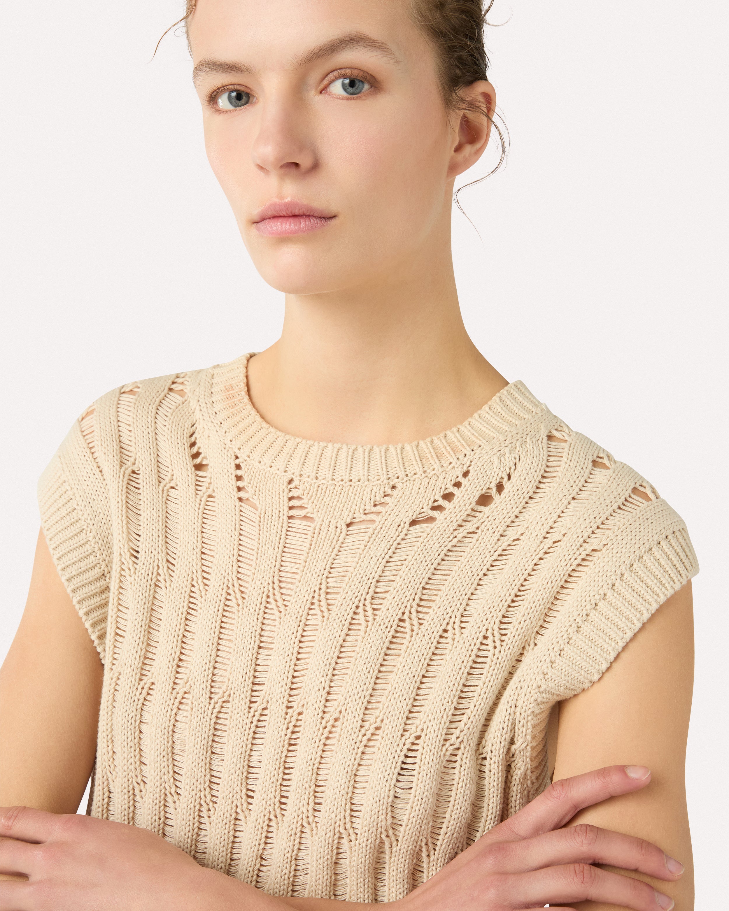 Gilet col rond crème en coton CREAM Lardini 3