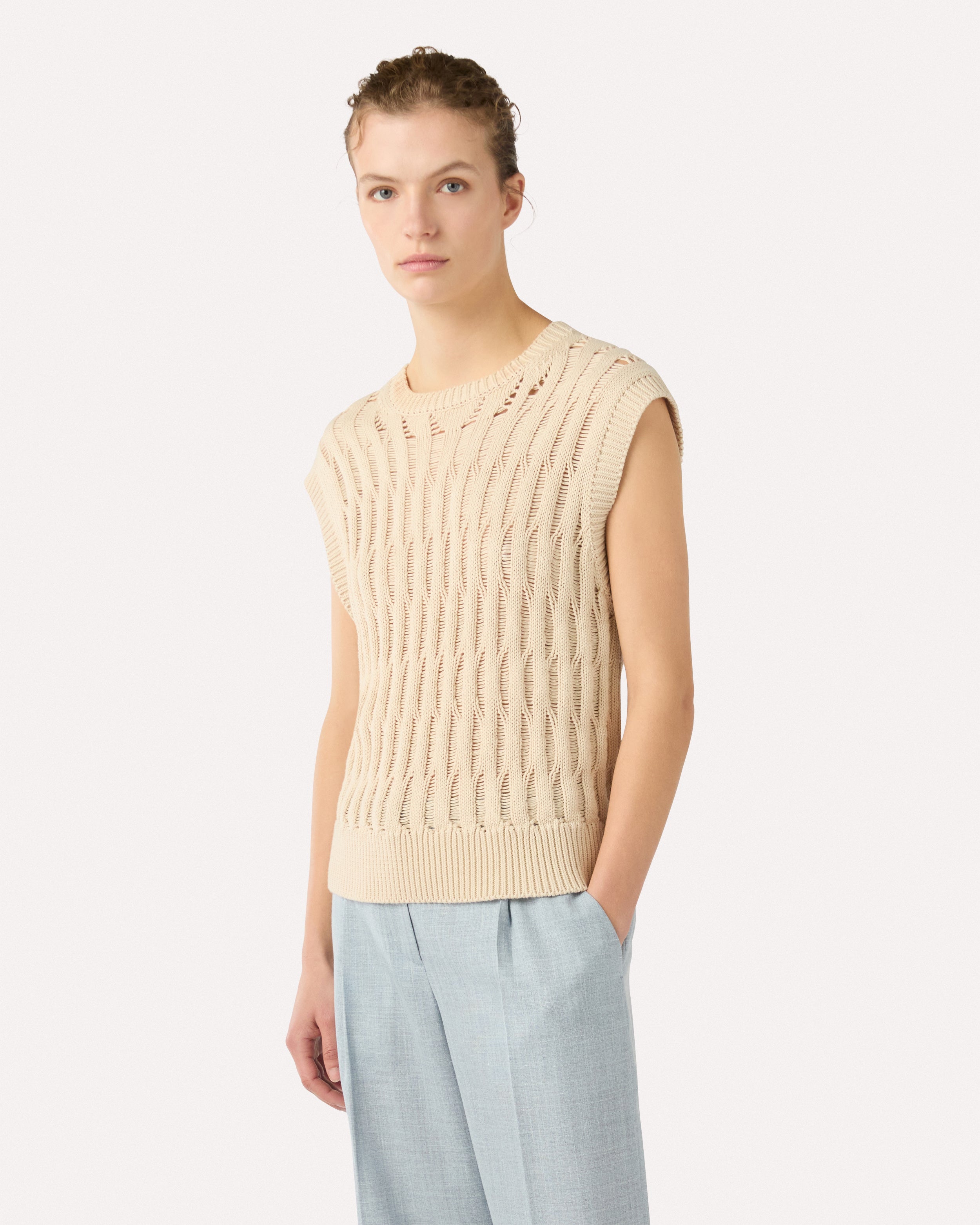 Gilet col rond crème en coton CREAM Lardini 4