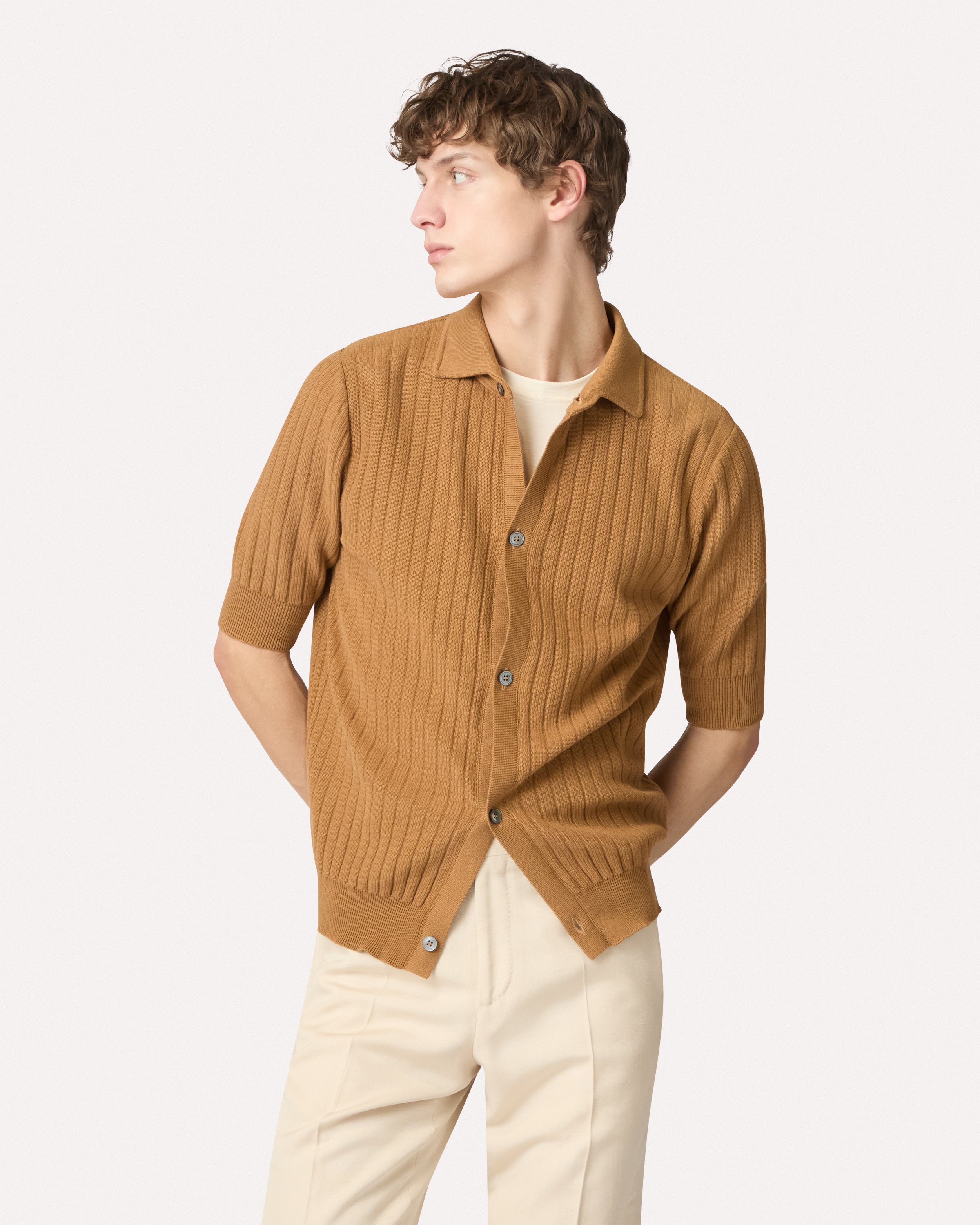 Camel cotton knit shirt, white, man | Lardini