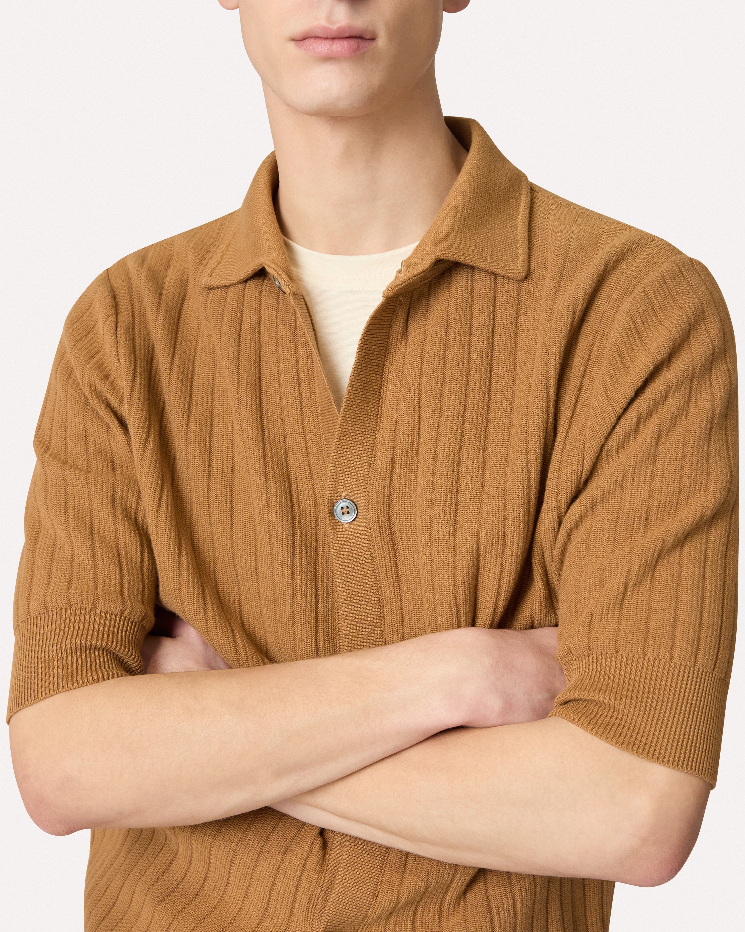 Camel cotton knit shirt, white, man | Lardini