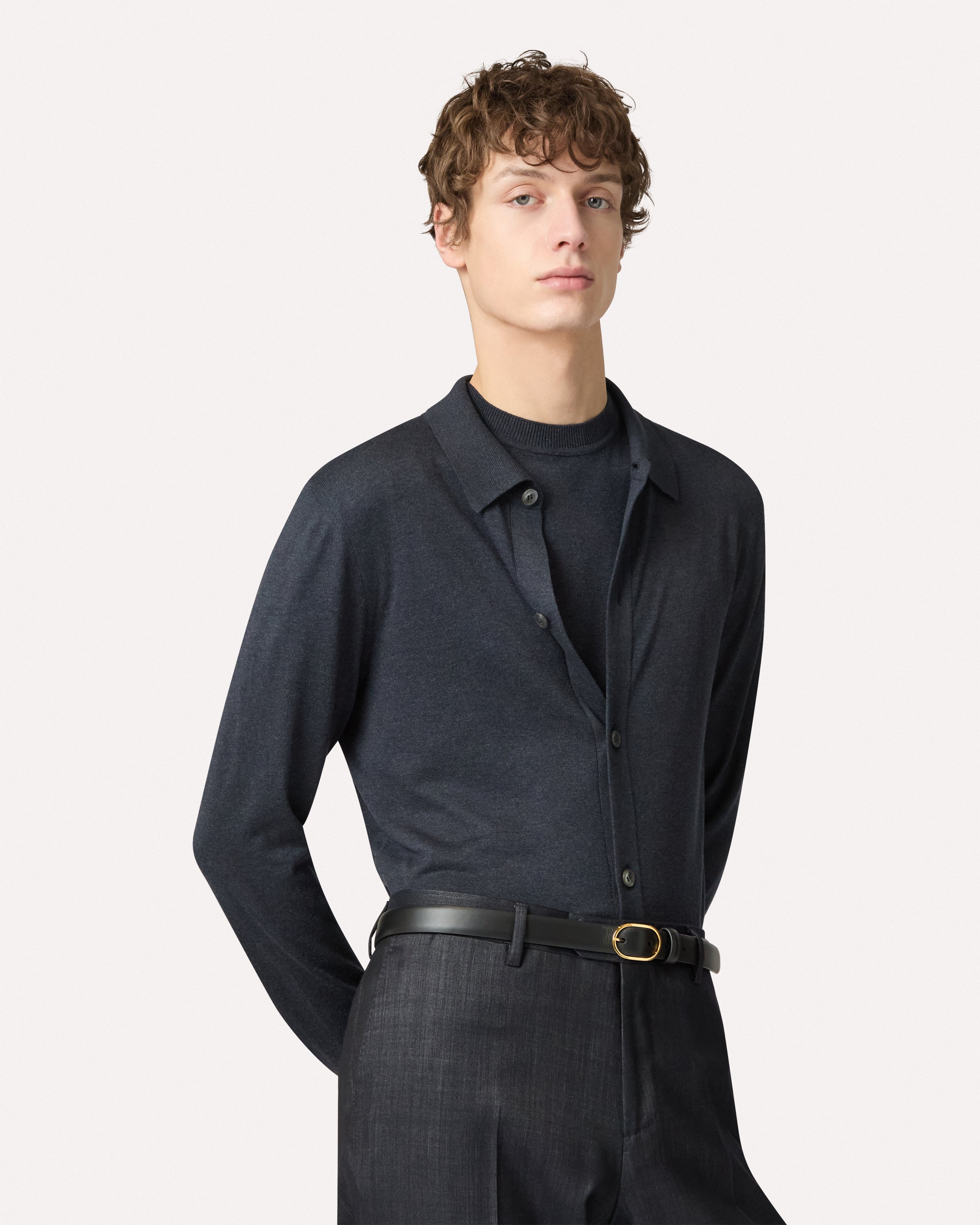 Blue denim silk knit shirt, white, man | Lardini