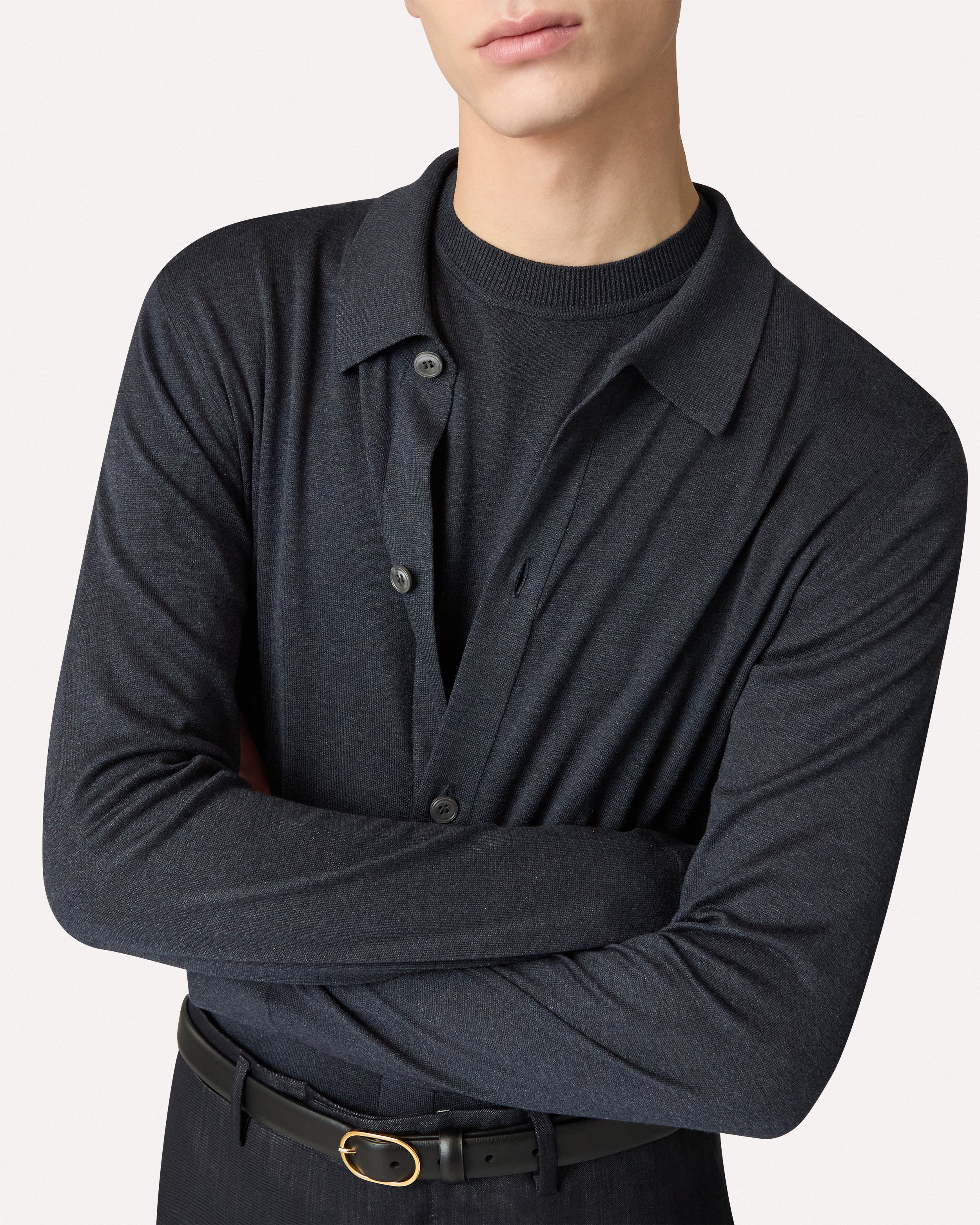 Blue denim silk knit shirt, white, man | Lardini