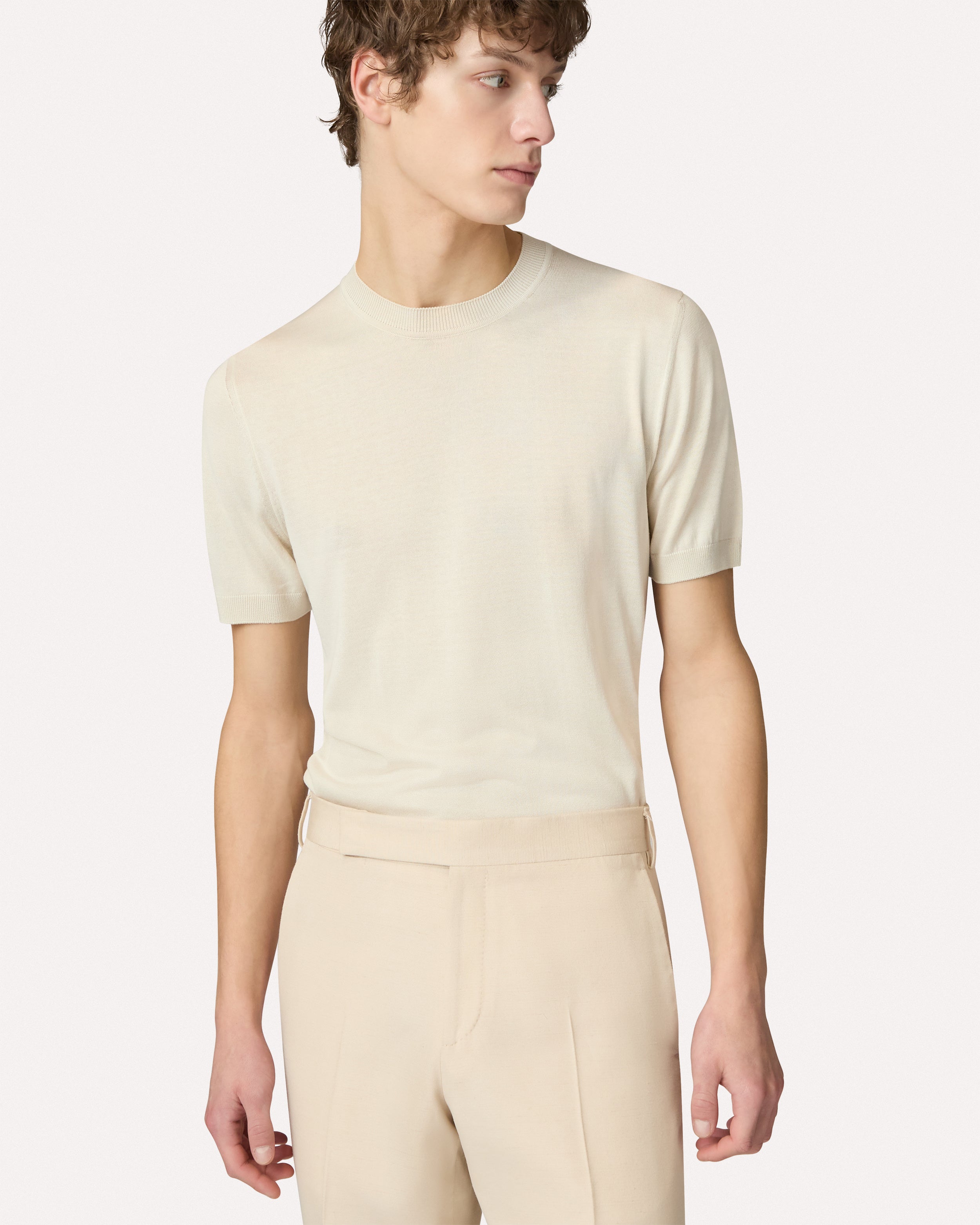 Cream silk T-shirt, white, man | Lardini