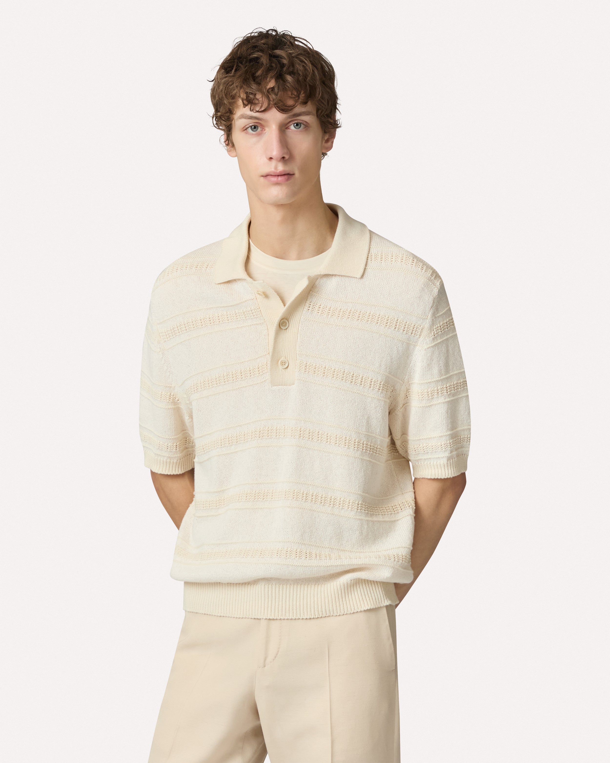 Cream striped cotton knit polo, white, man | Lardini