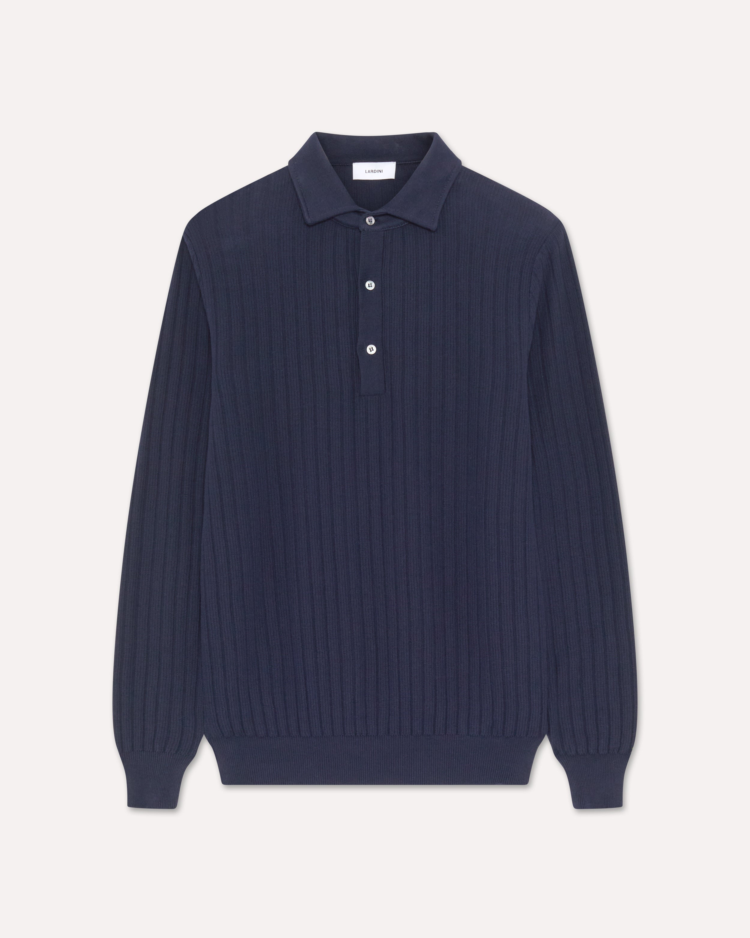 Long-sleeve blue cotton knit polo, white, man | Lardini