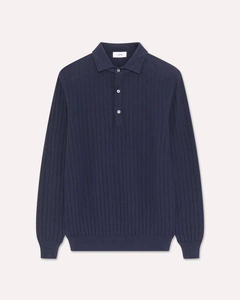 Long-sleeve blue cotton knit polo, white, man | Lardini