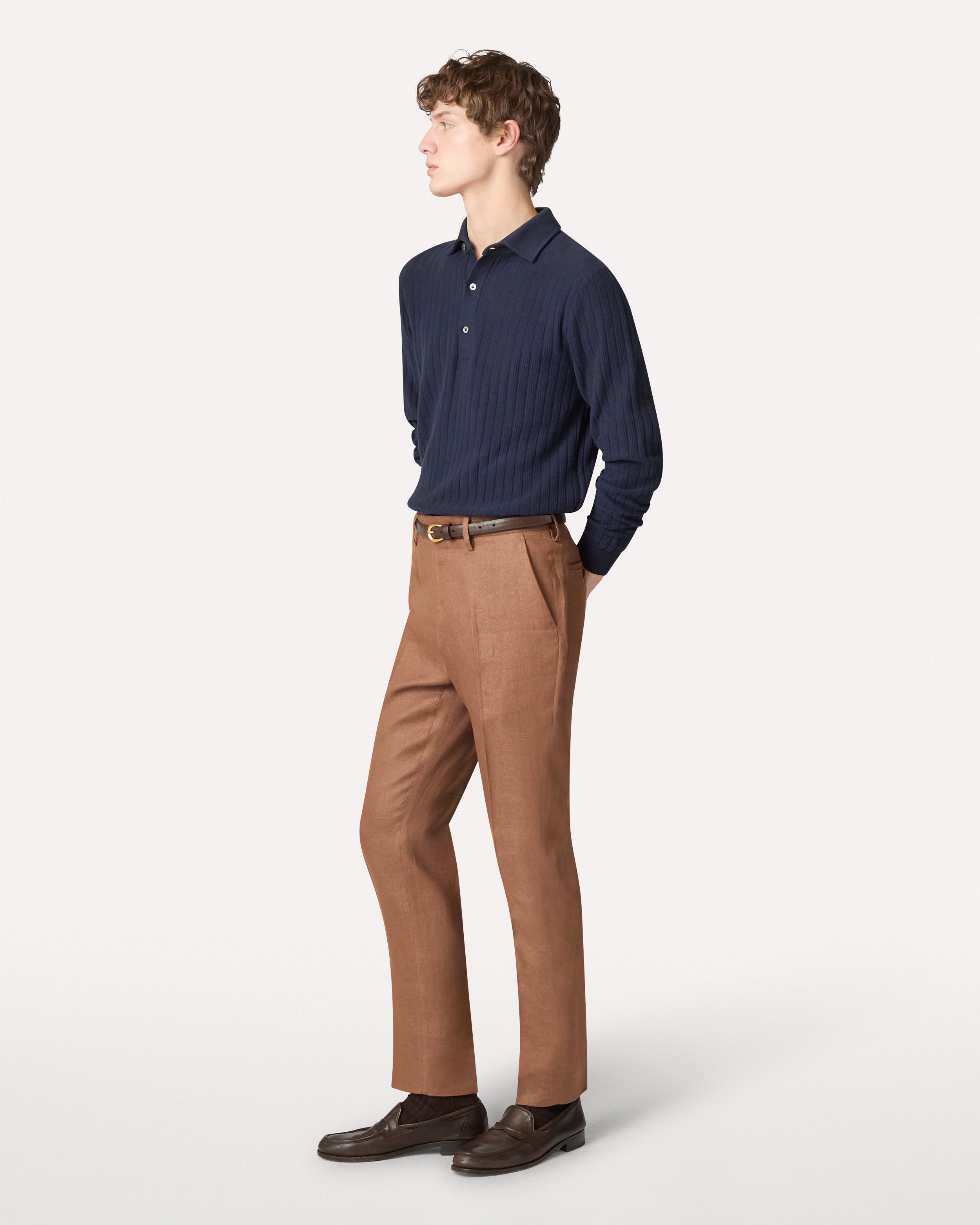 Long-sleeve blue cotton knit polo, white, man | Lardini