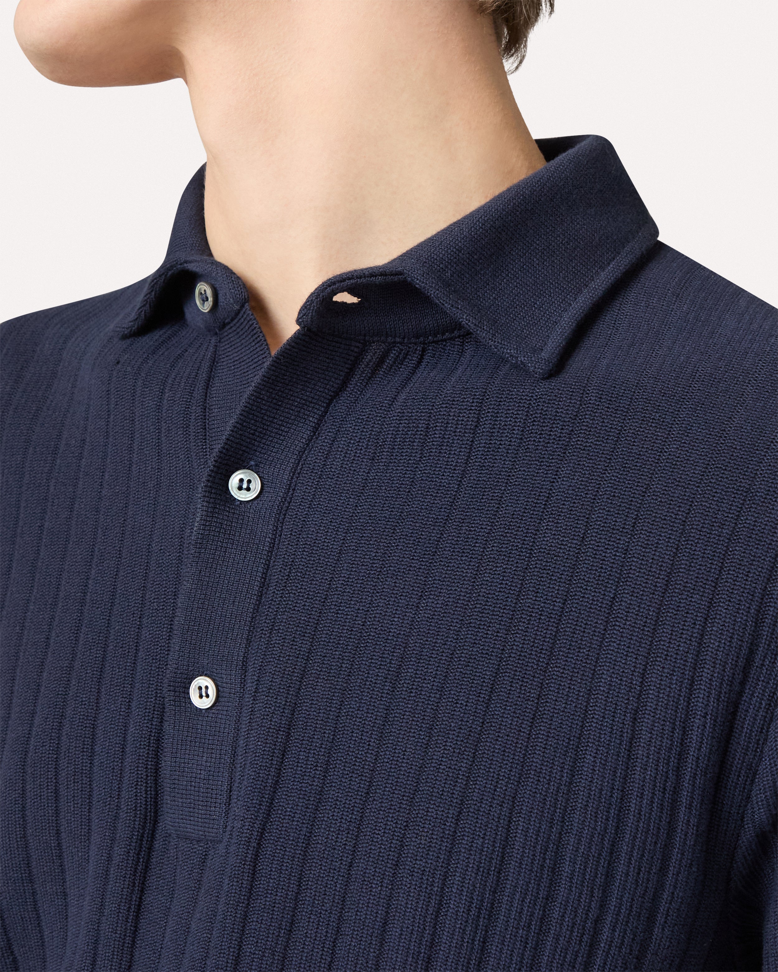 Long-sleeve blue cotton knit polo, white, man | Lardini