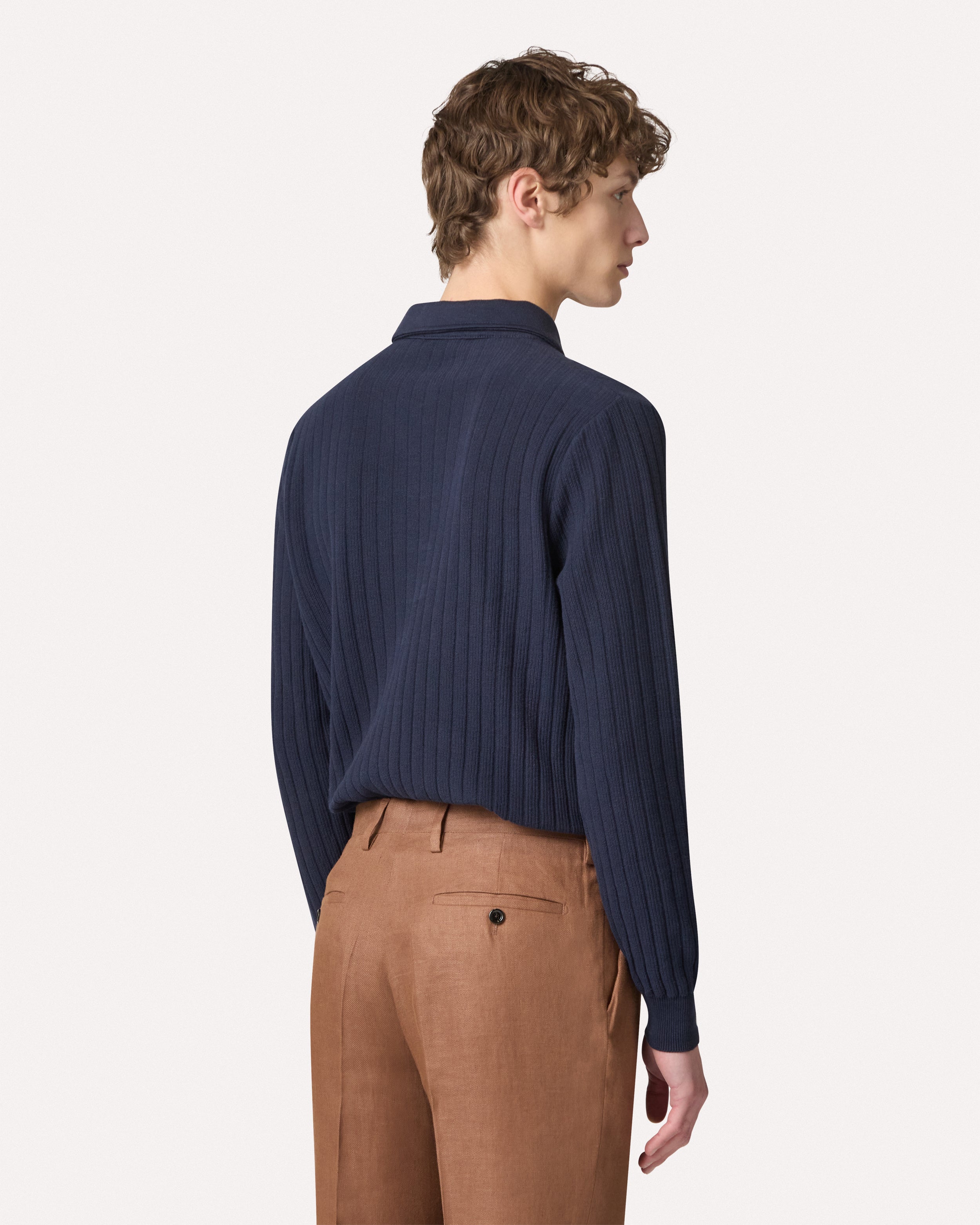 Long-sleeve blue cotton knit polo, white, man | Lardini