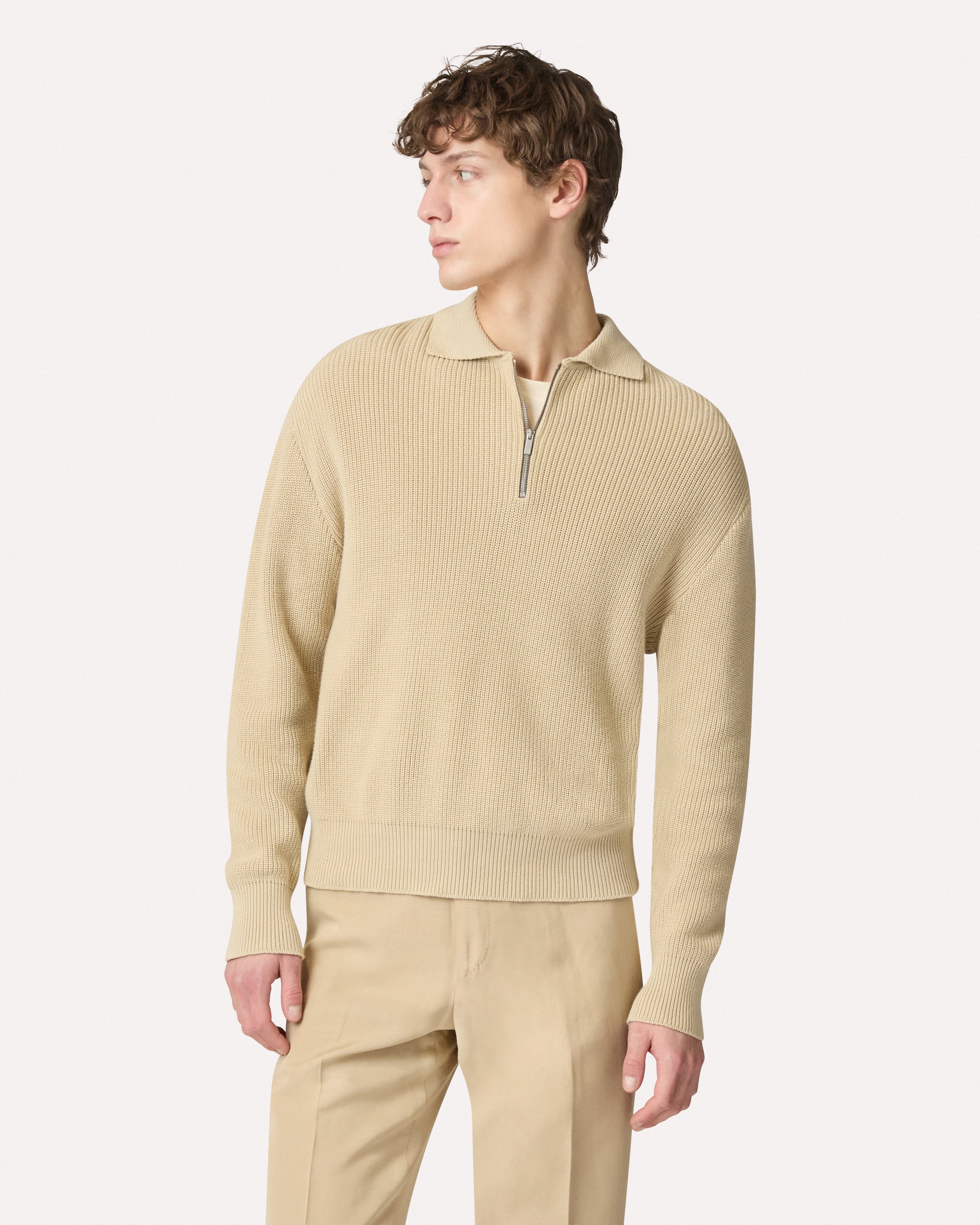 Beige cotton knit polo, white, man | Lardini