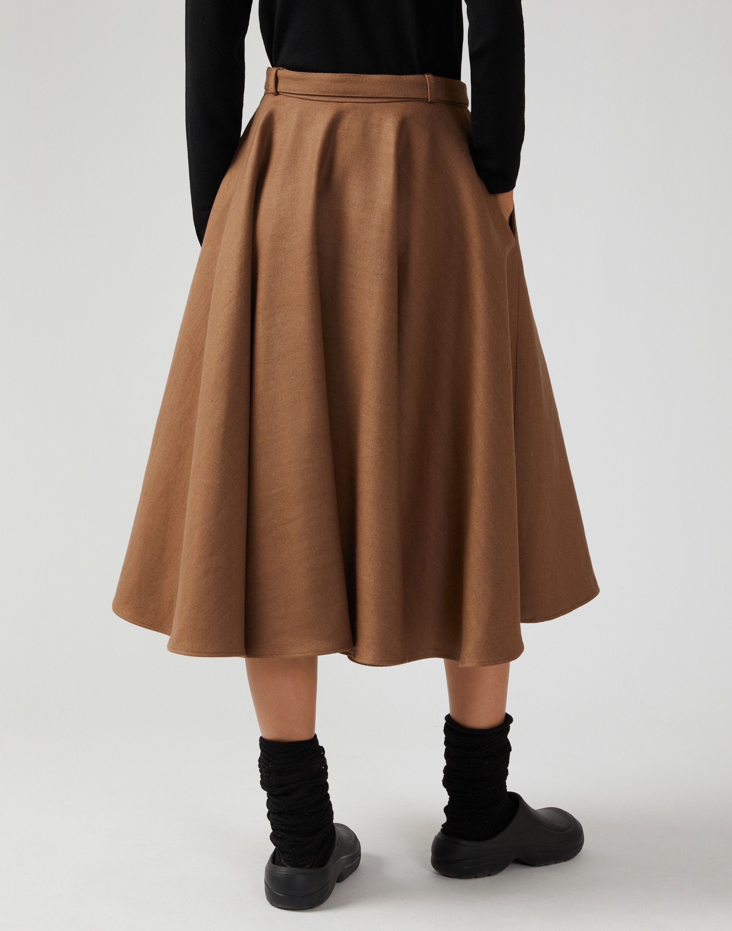 Flared midi skirt in brown wool twill