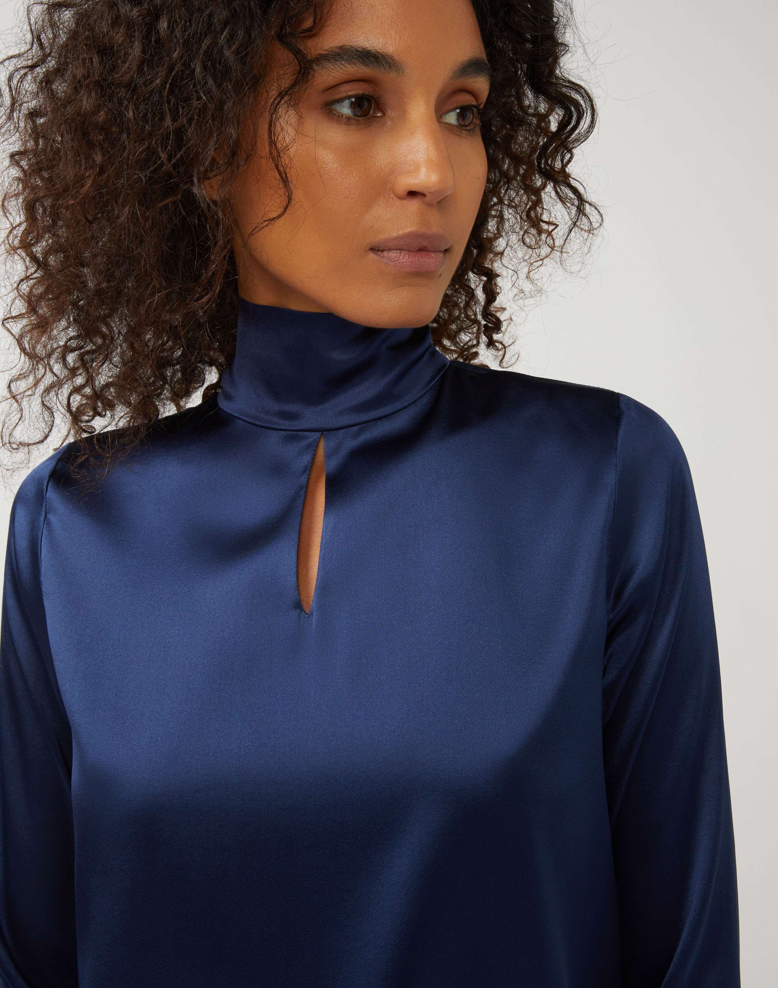 Long-sleeve top in blue stretchy silk satin with bow detail