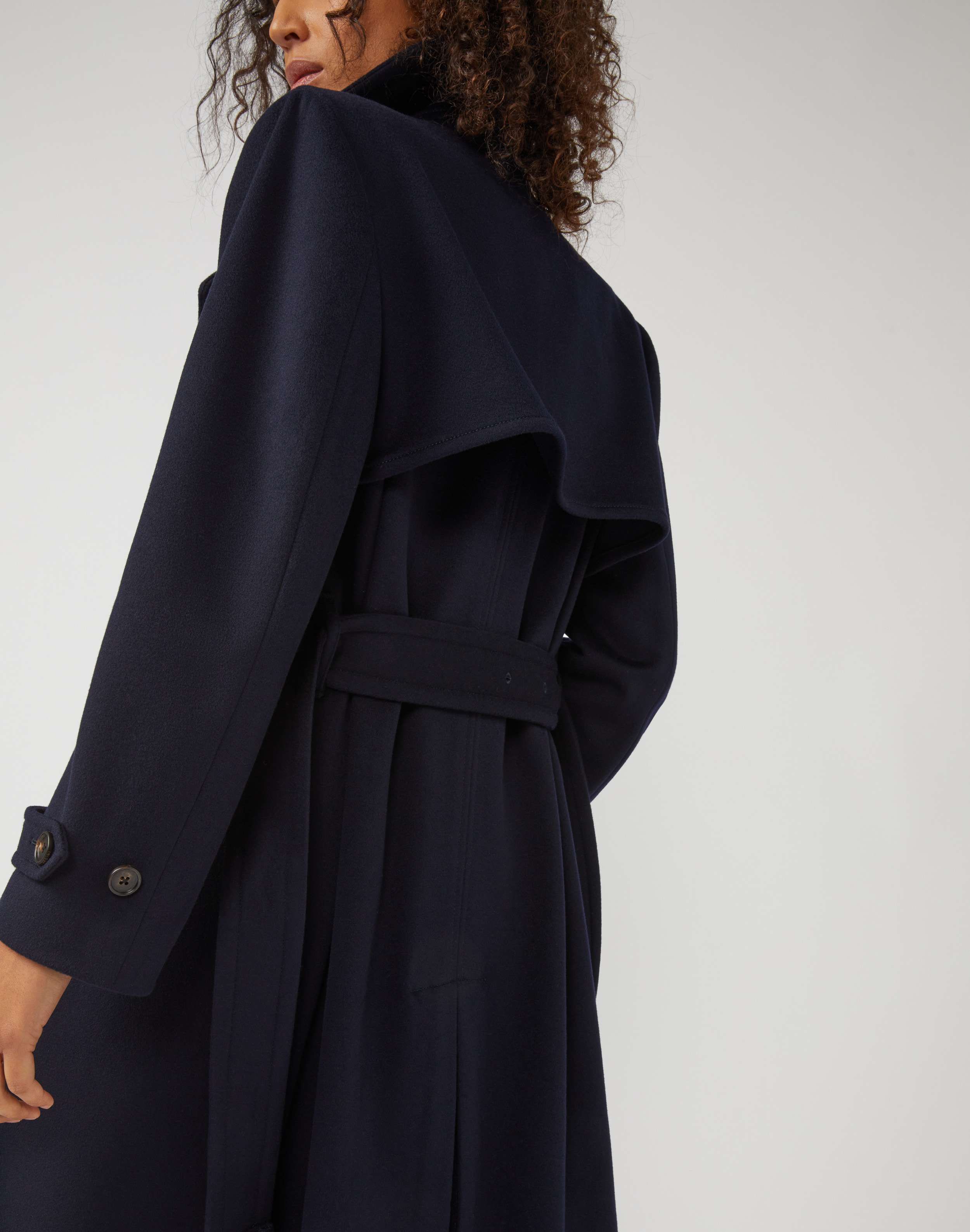Belted trench coat in blue wool