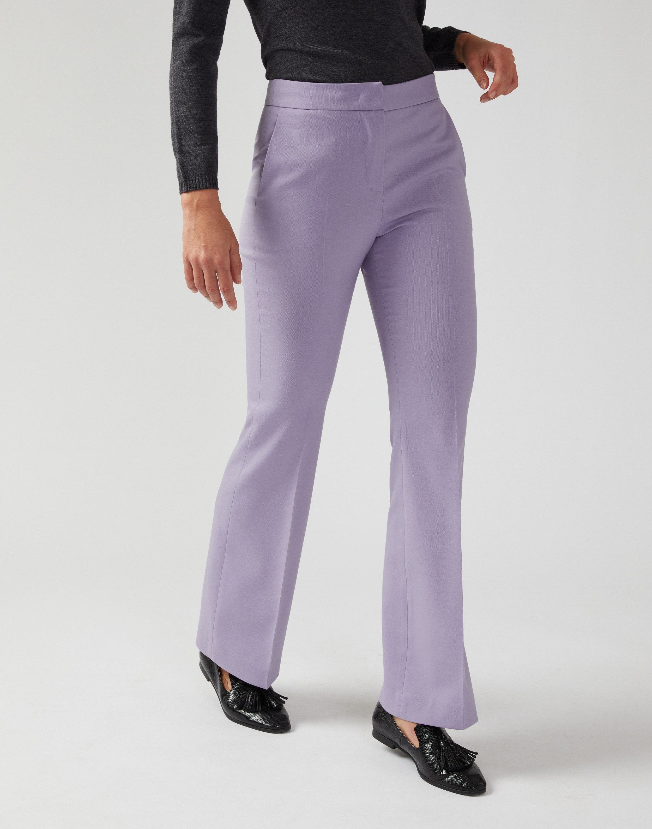 Bell-bottom trousers in cool lilac wool