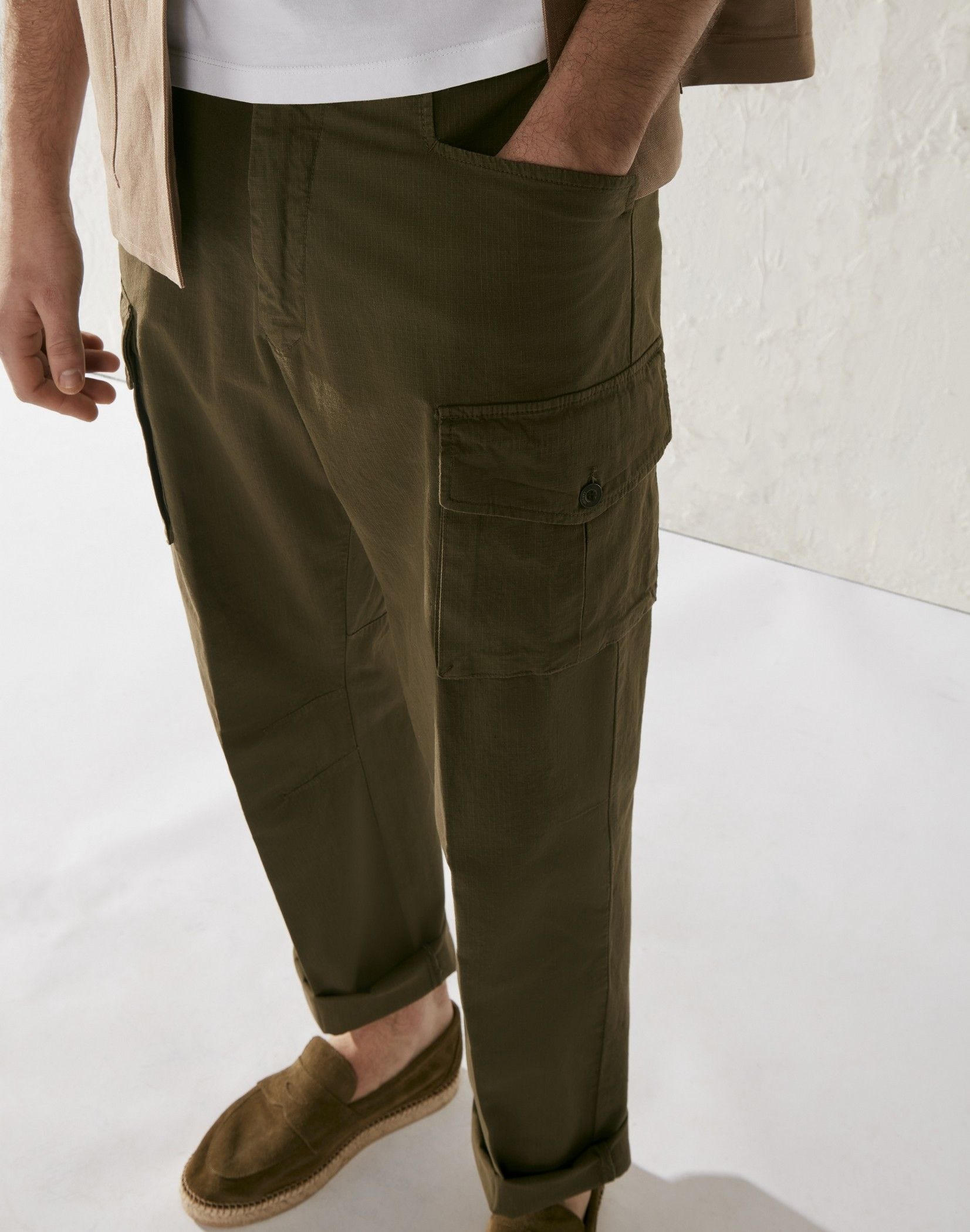 Green rip-stop cotton cargo trousers - Military