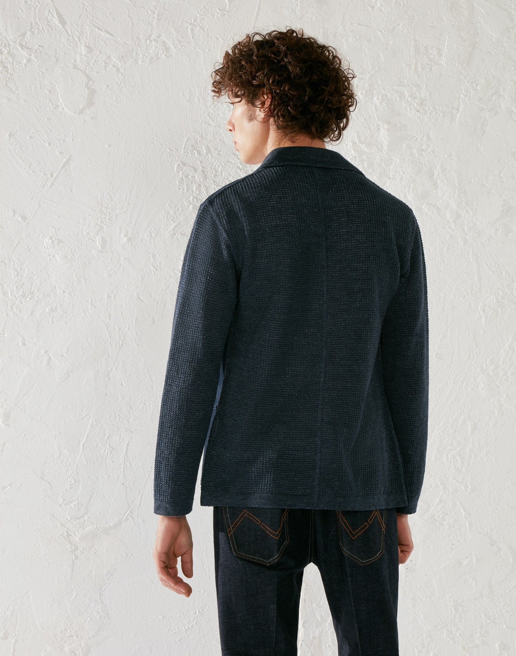 Linen knit jacket with leather inserts