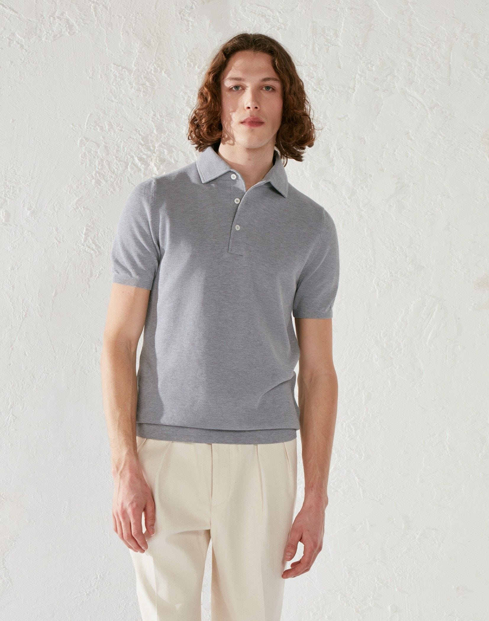 Grey cotton crêpe polo shirt