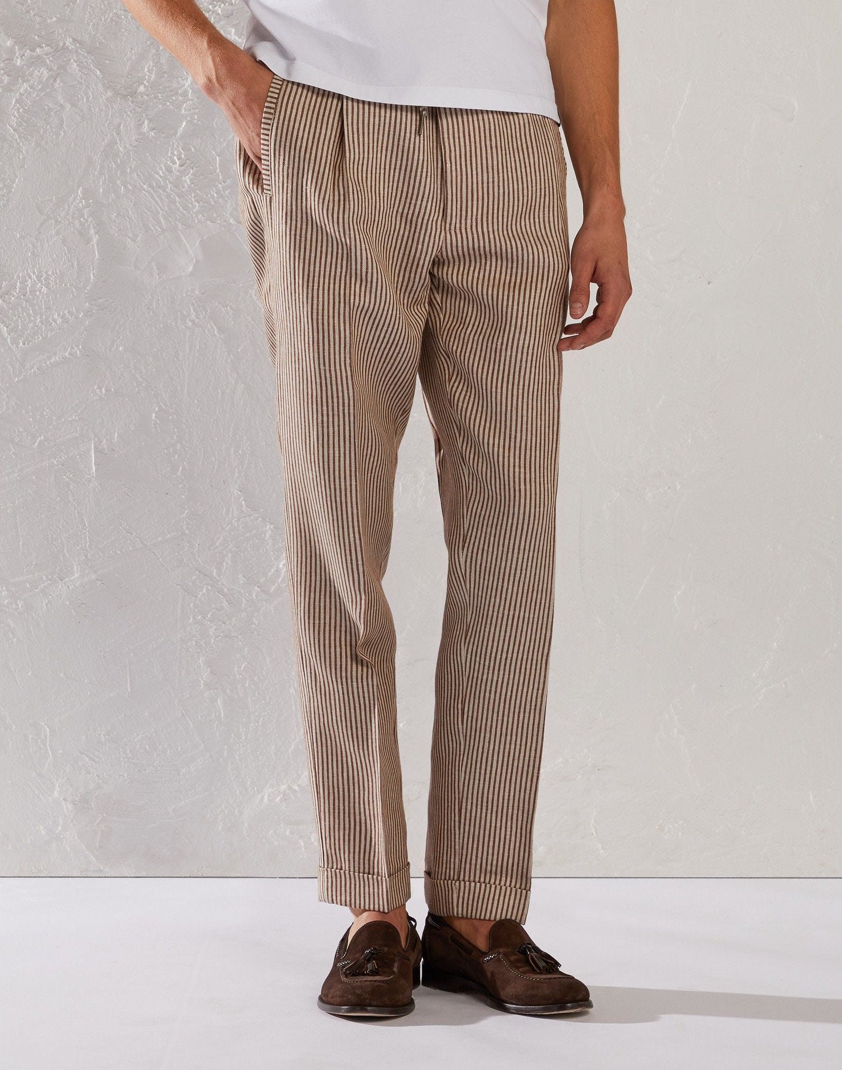 Casual two-tone striped cotton and linen trousers
