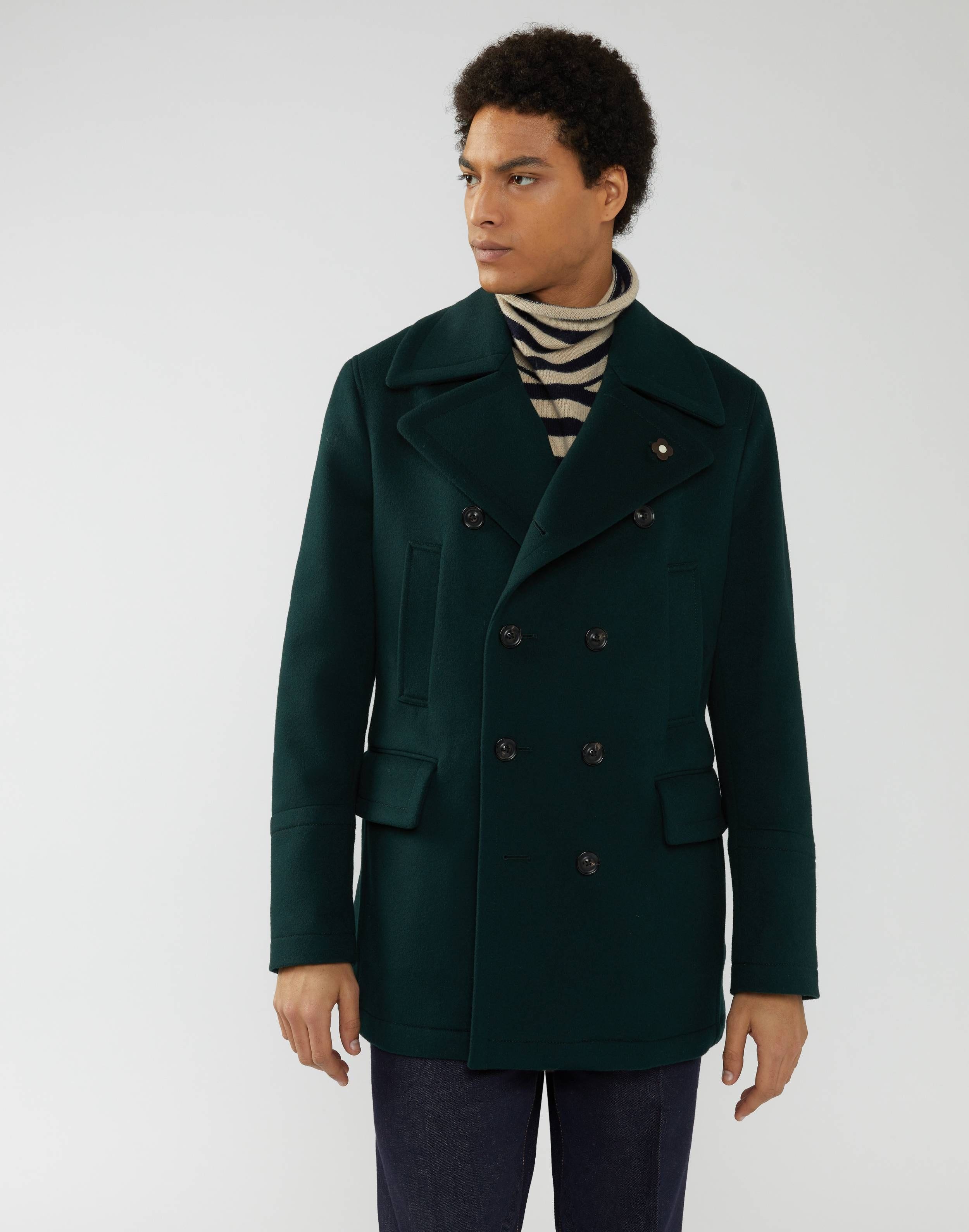 Short double-breasted peacoat in forest-green wool