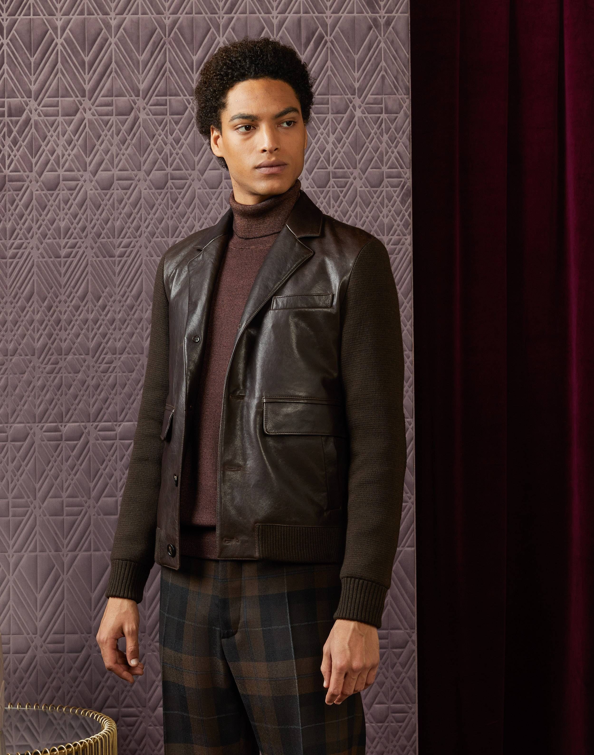 Retro-style jacket in leather and knitted wool 