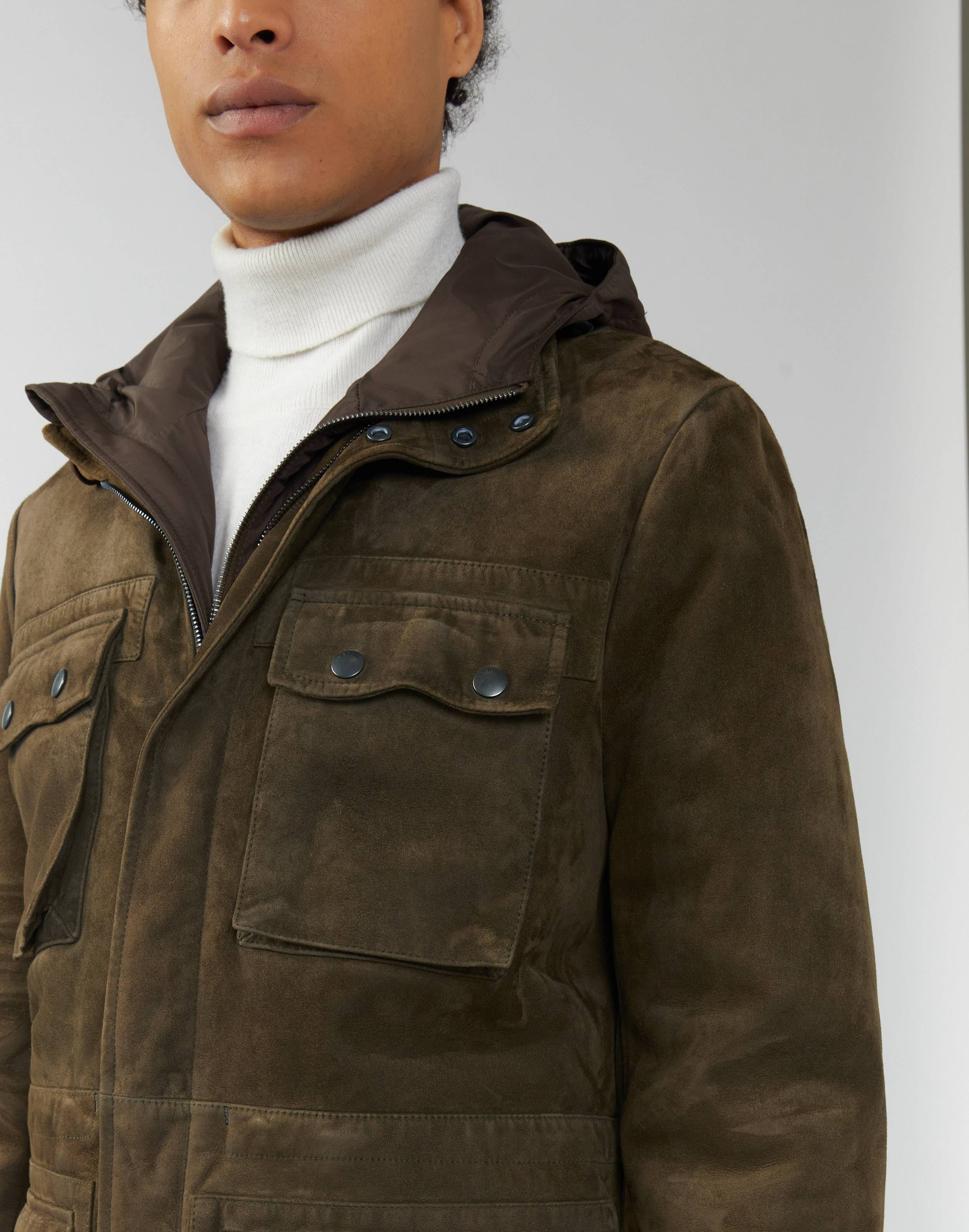 Field jacket in leather and jersey with a detachable nylon interior