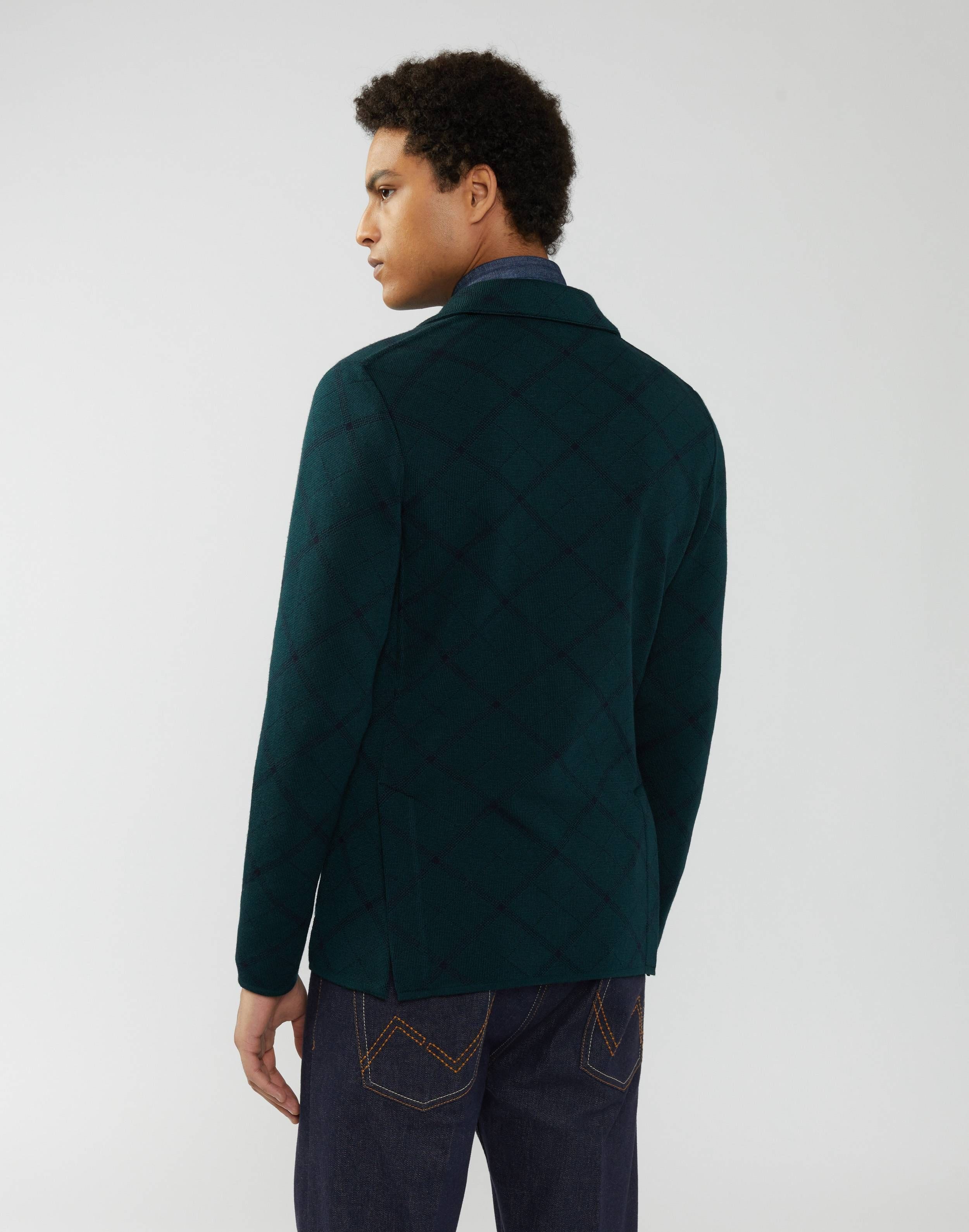 Knitted jacket in a green-and-blue diamond pattern