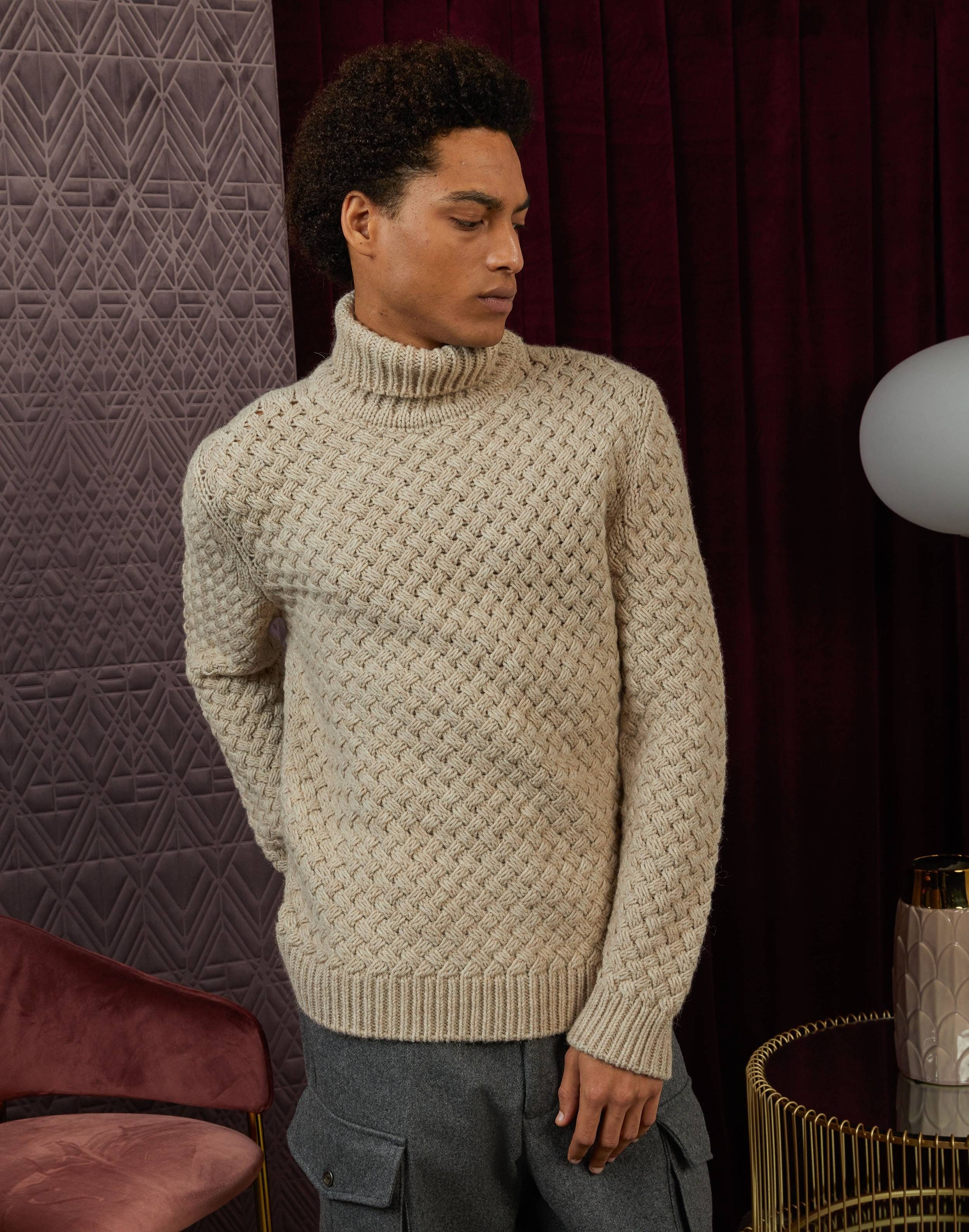 Tricot-knit cream-coloured turtleneck in alpaca and wool
