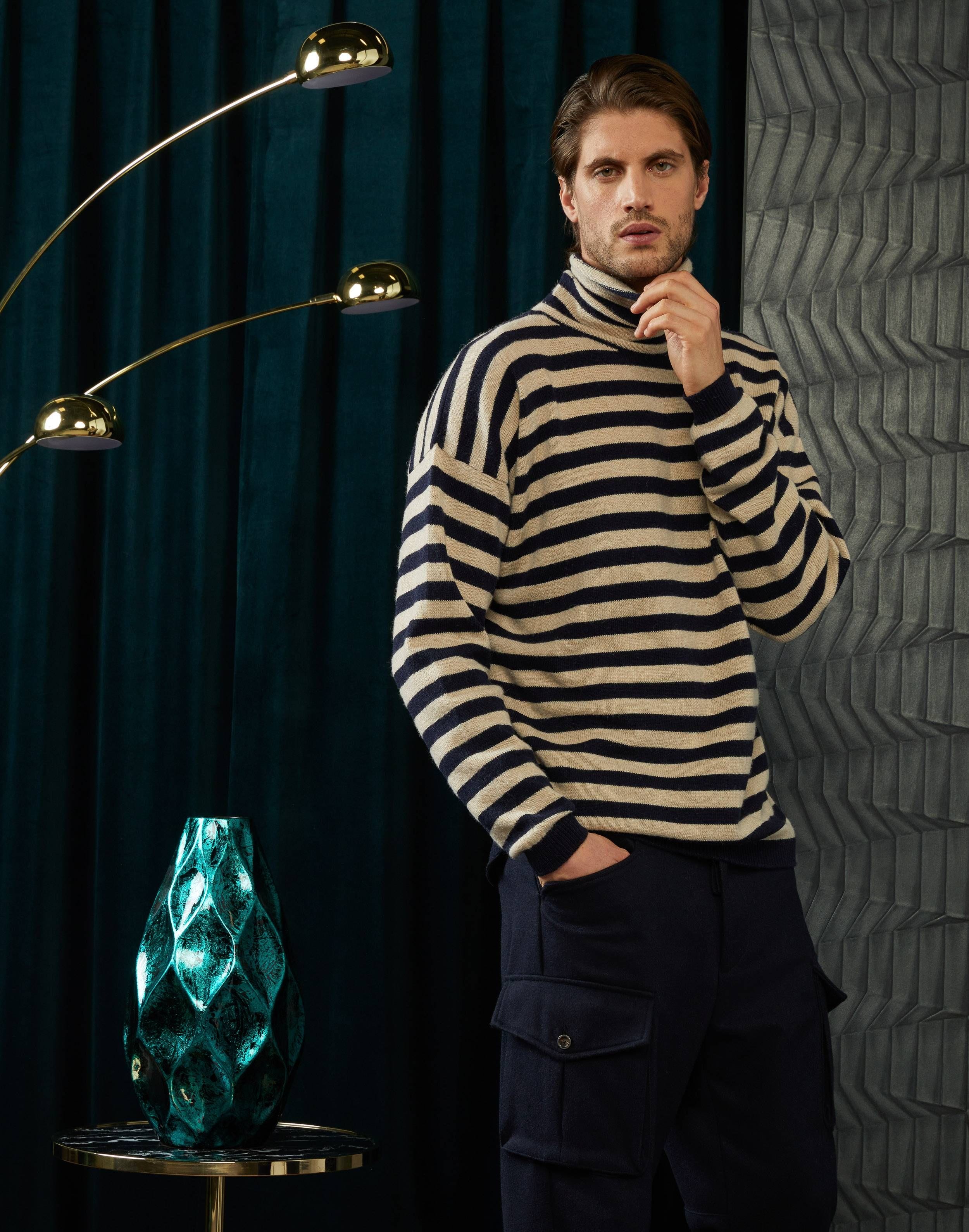 Wool-and-alpaca turtleneck with cream-and-blue stripes