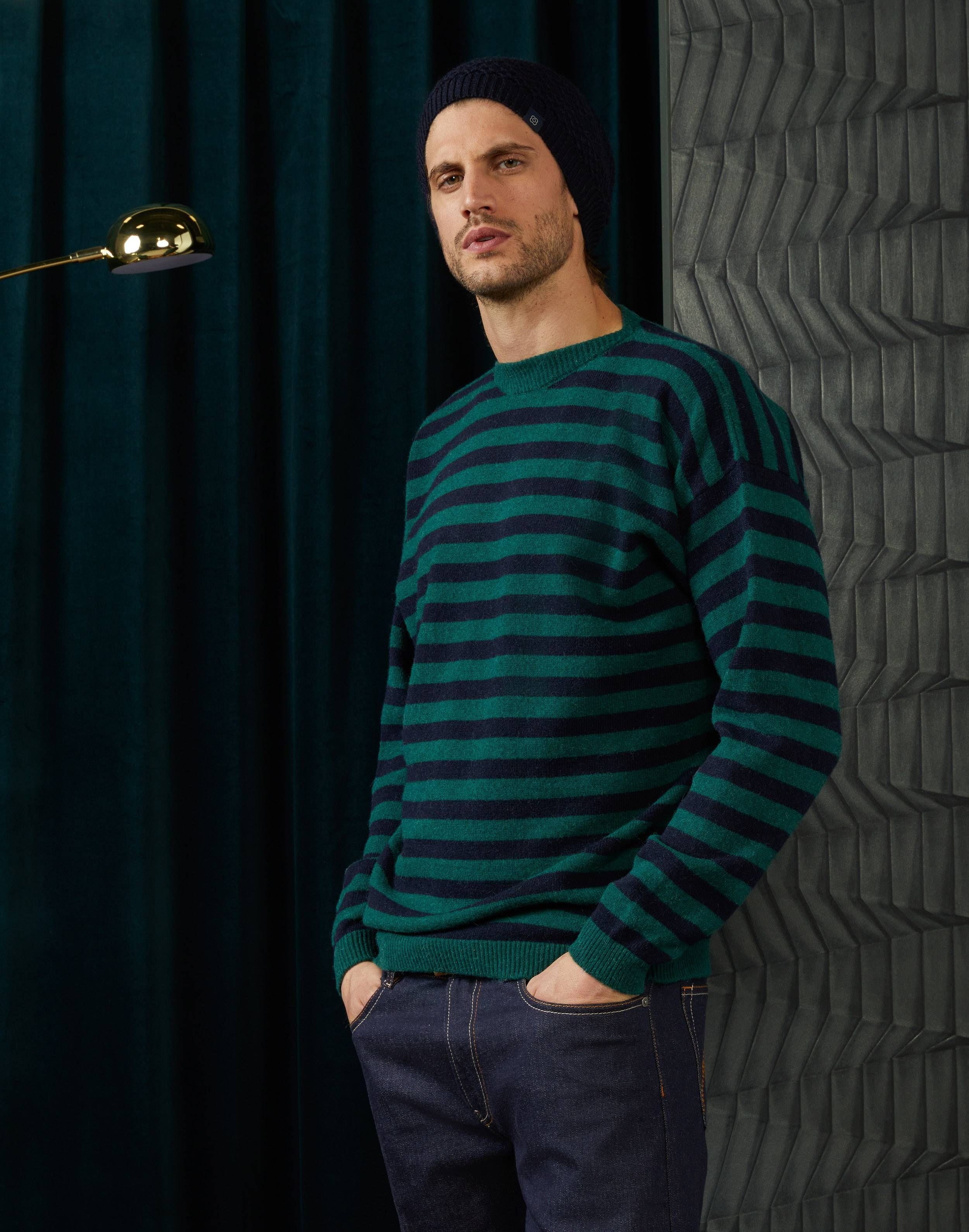 Round-neck wool-and-Alpaca sweater in green-and-blue stripes