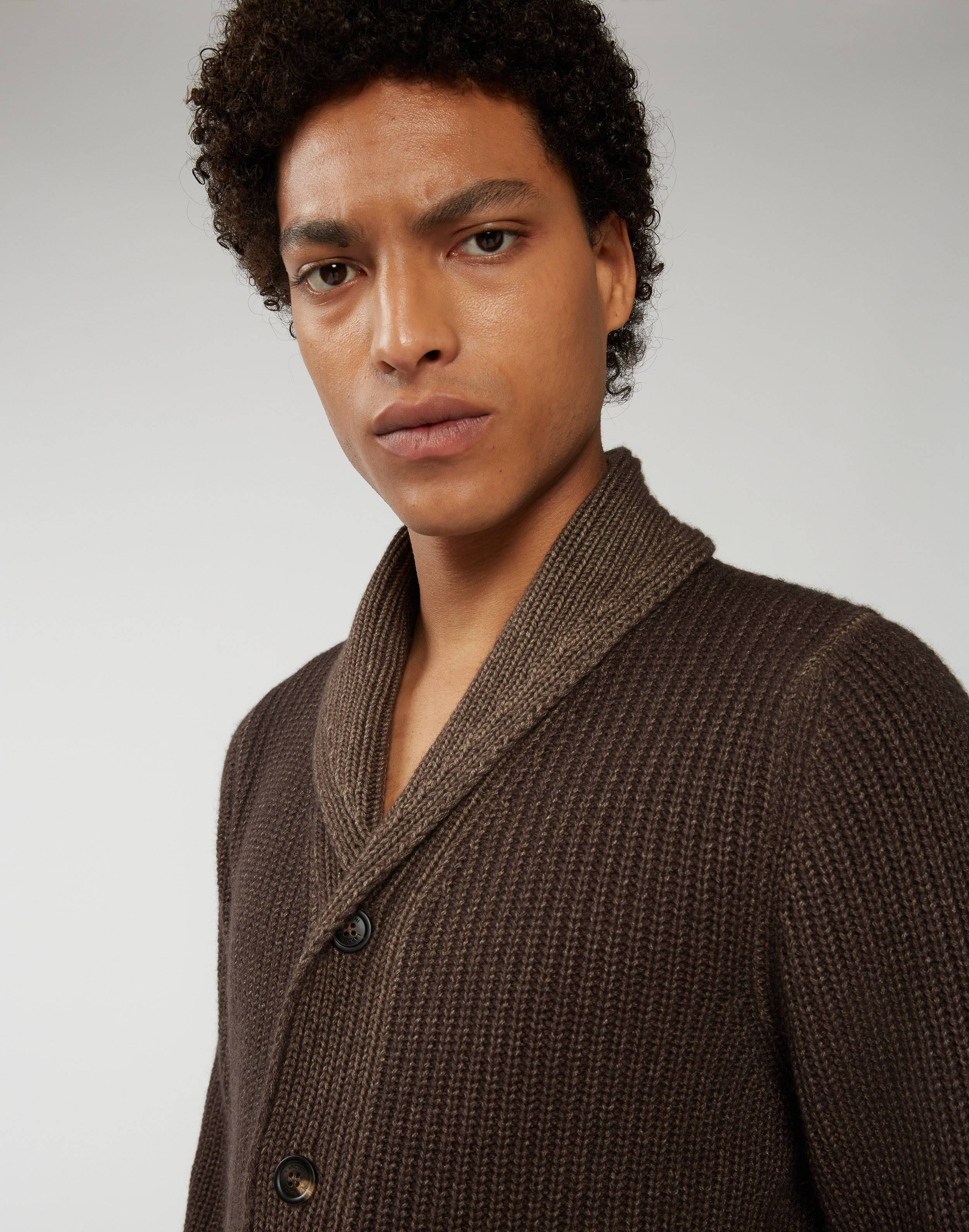 Shawled cardigan in brown cashmere
