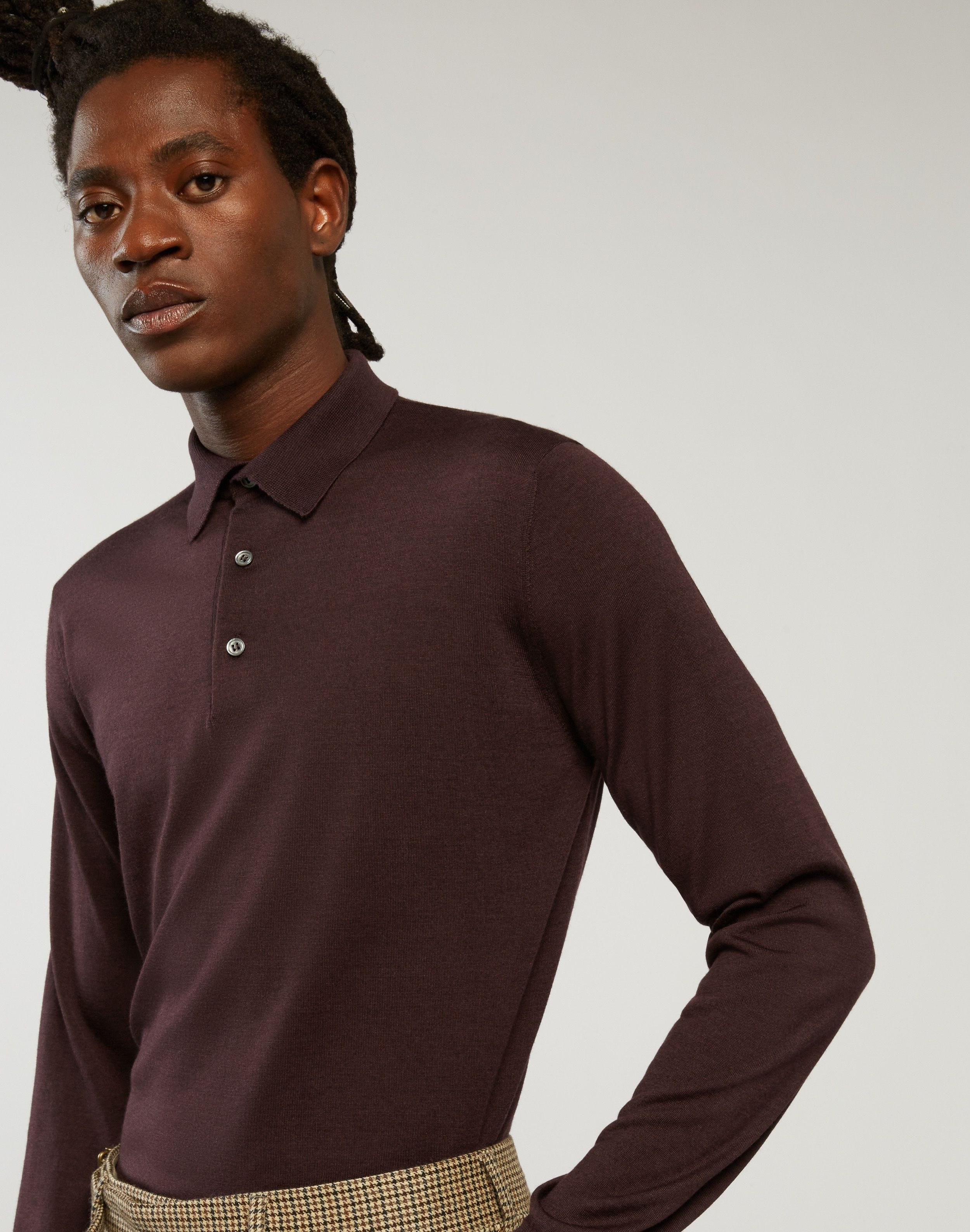 Long-sleeve polo shirt in burgundy cashmere