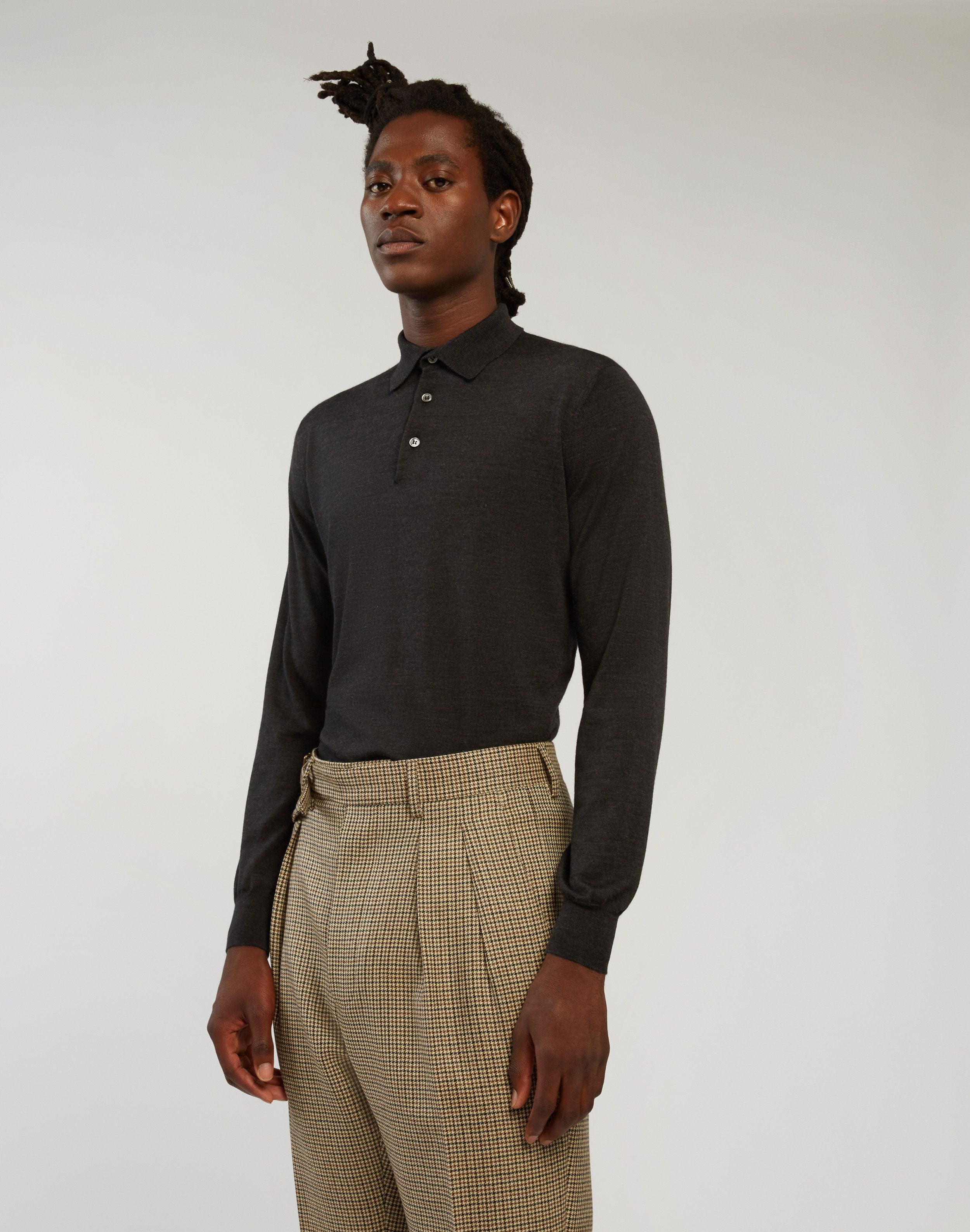 Grey polo shirt in cashmere, wool and silk