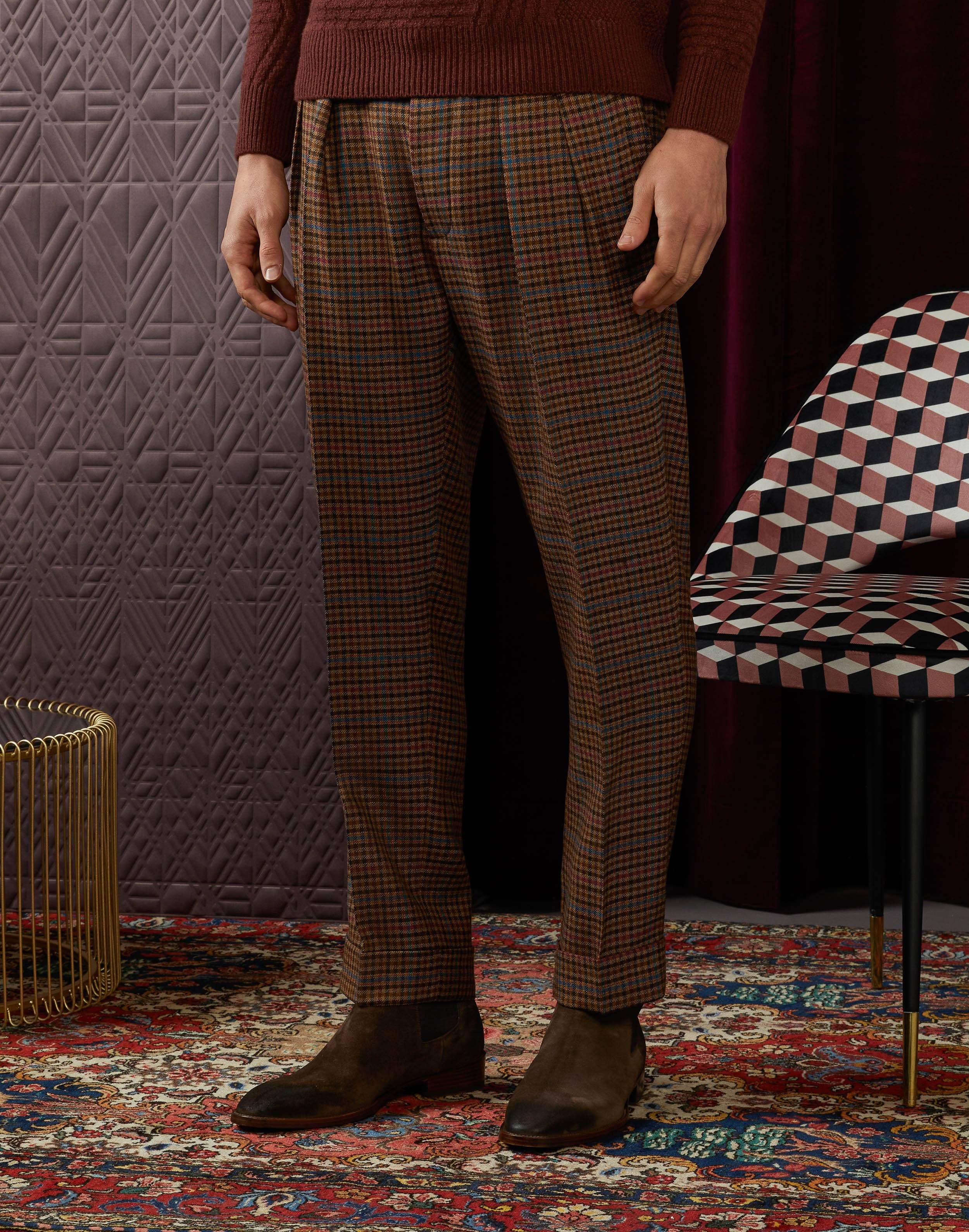 Pantalone due pieghe pied-de-poule in lana