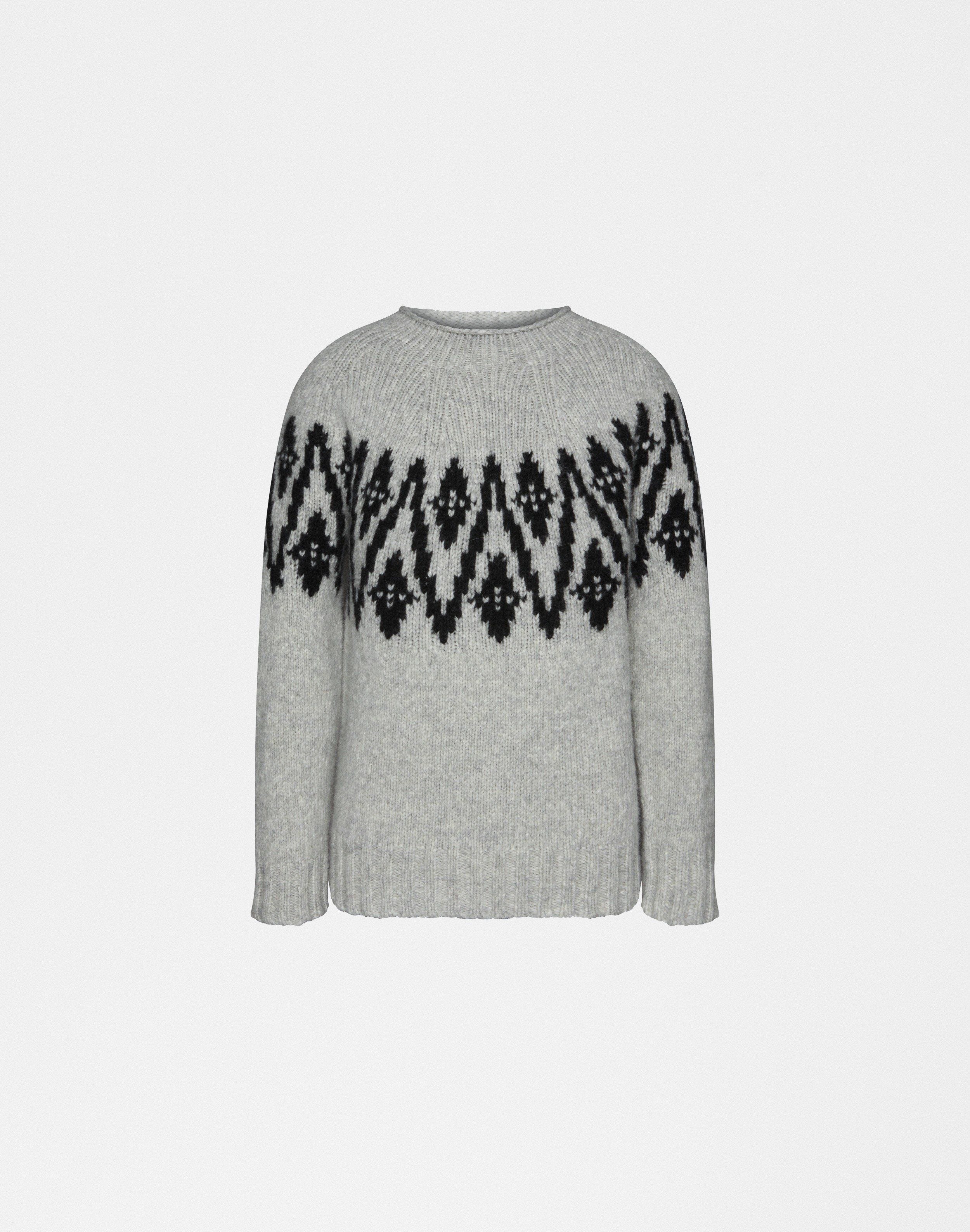 Lardini Gray and Black Jacquard Knit Crew Neck Sweater