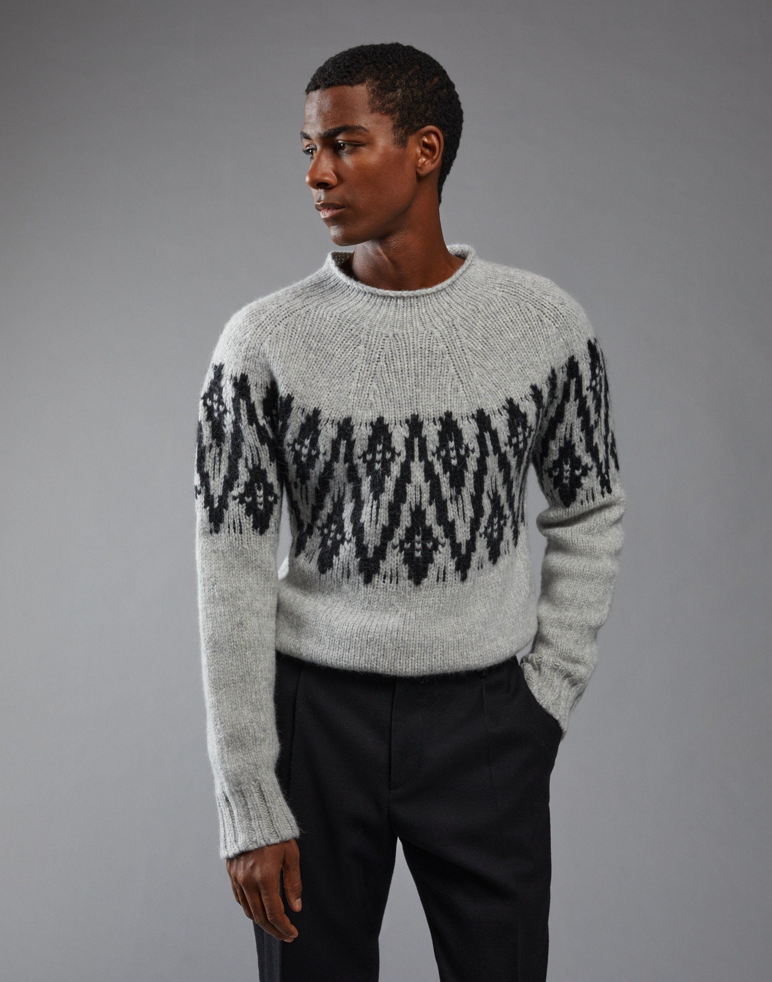 Gray and black jacquard knit crew neck sweater | Lardini