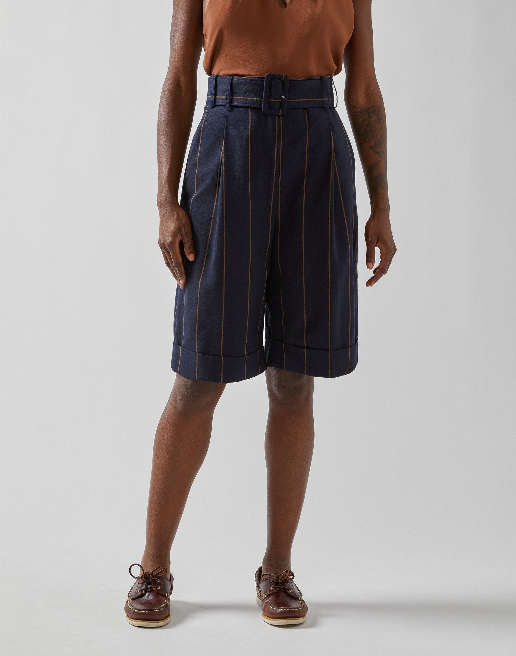 Striped cotton fabric high-waisted Bermuda shorts