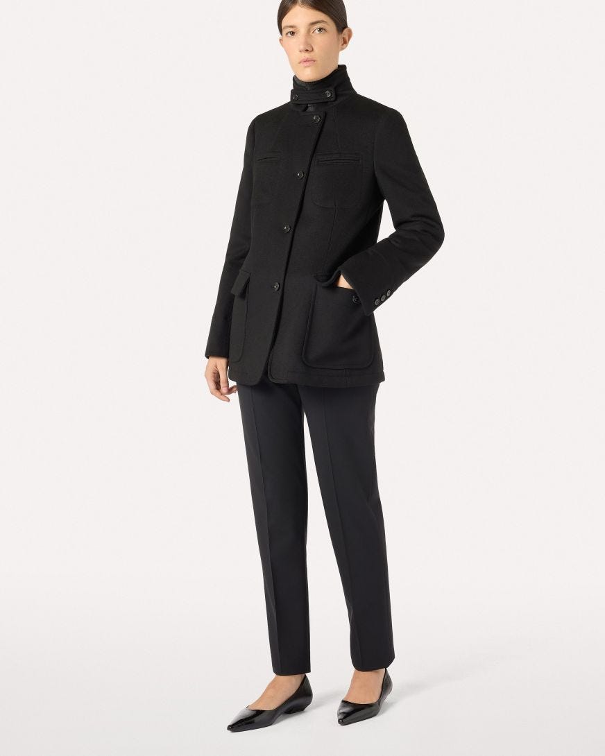 Black stretch wool gabardine trousers