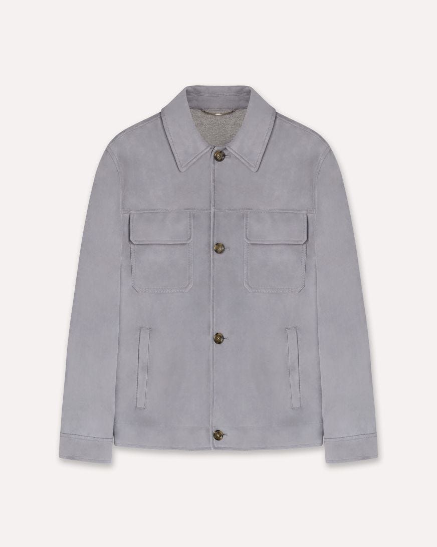 Blouson in pudrigem Blau aus Veloursleder und Woll-Kaschmir-Mix