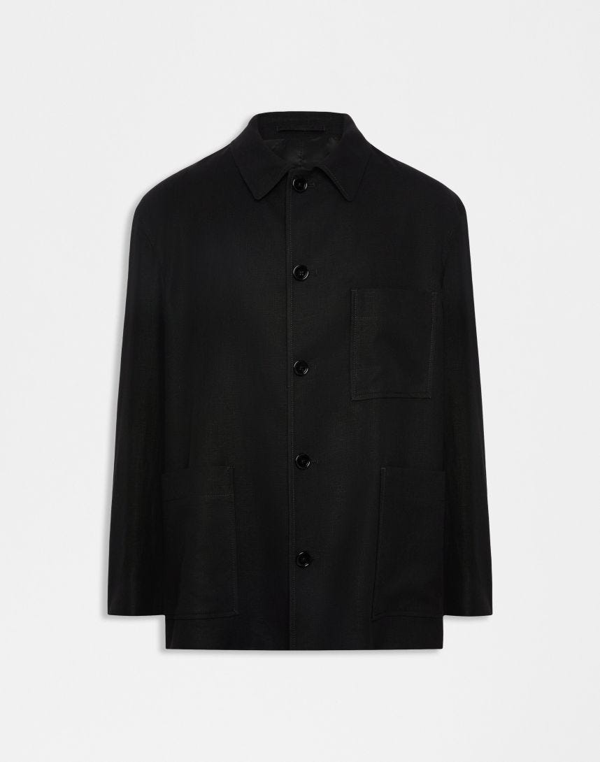 Giacca camicia monopetto nera in lino crepe con cinque bottoni