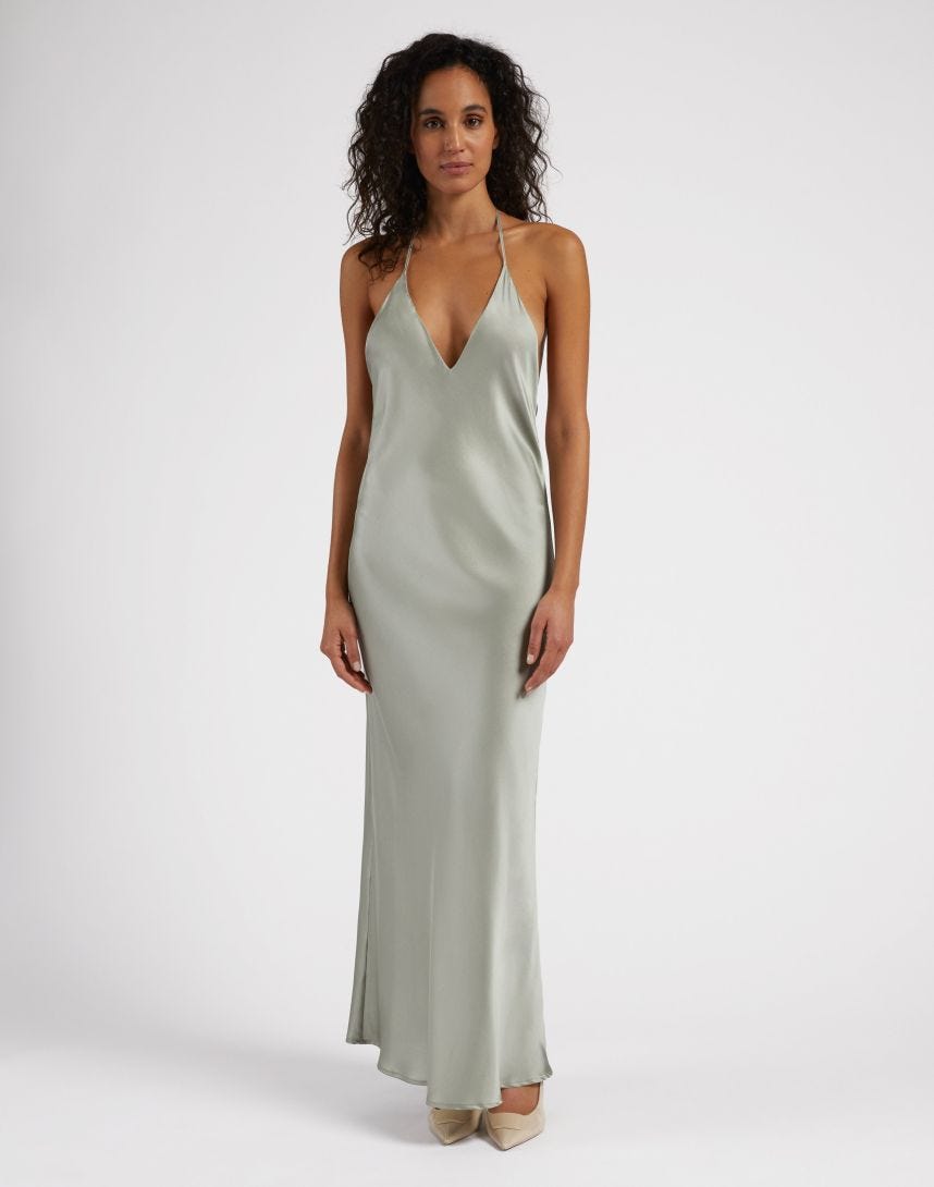 Stretch Silk Satin Sage Long Dress